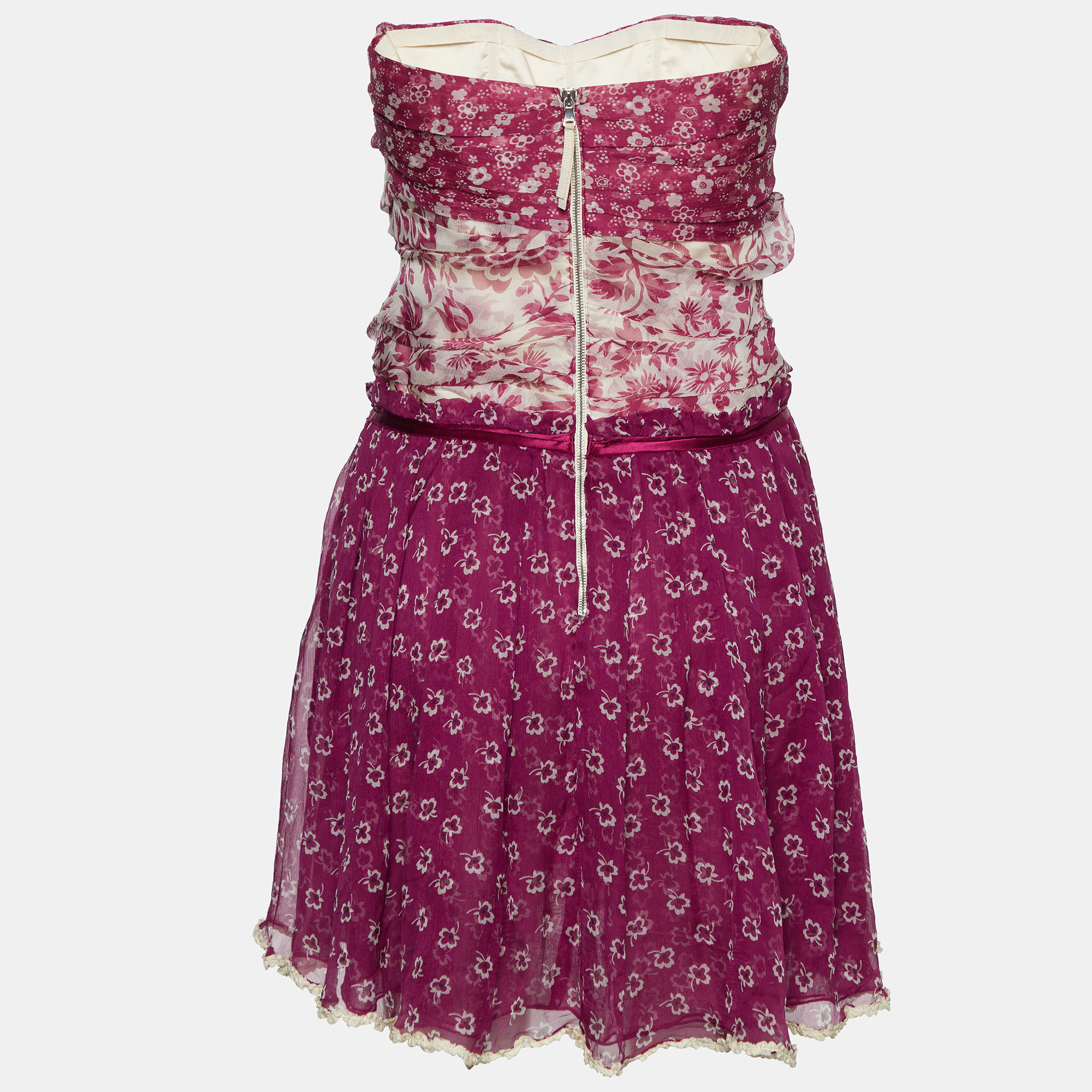 

D&G Purple Floral Printed Silk Chiffon Tie Detail Strapless Mini Dress