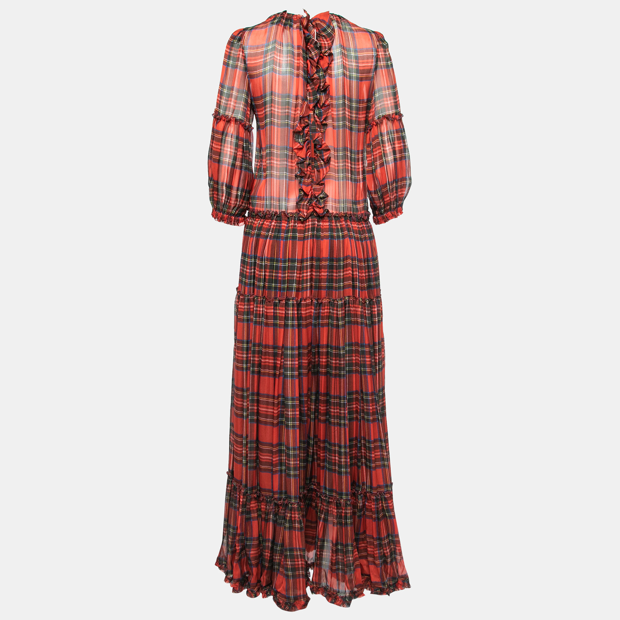 

D&G Red Tartan Printed Silk Ruffled Tiered Maxi Dress