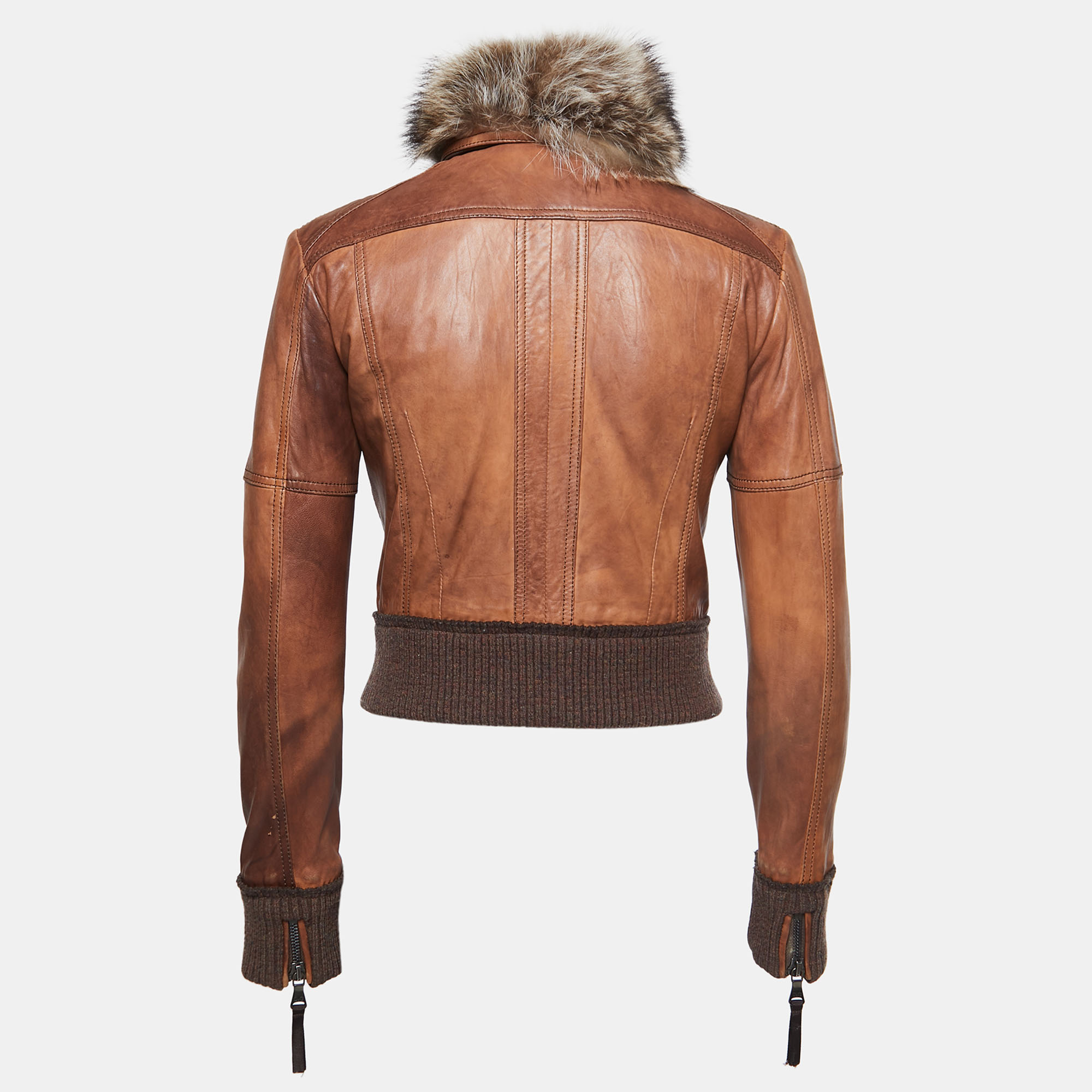 

D&G Brown Leather Fur Collar Bomber Jacket
