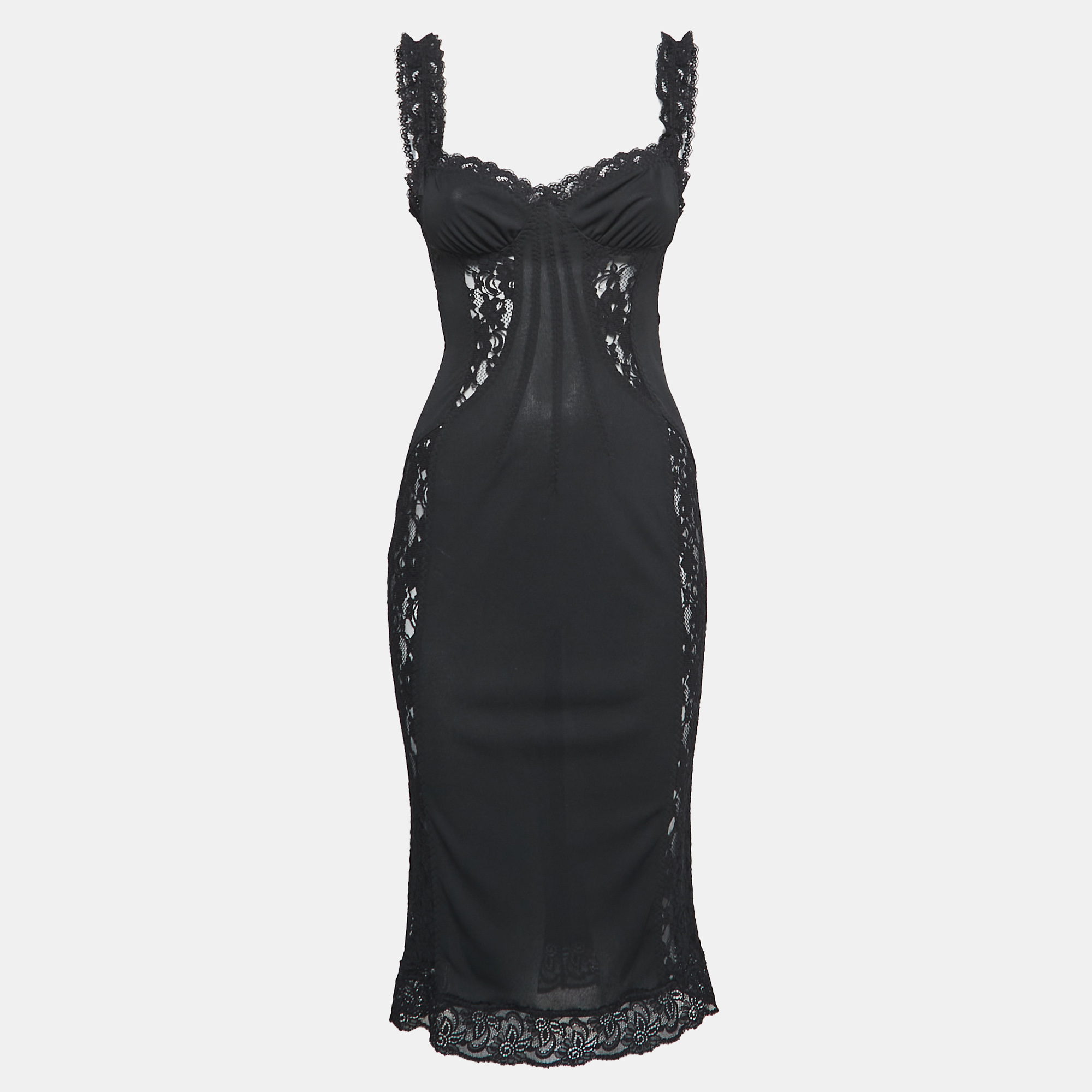 Pre Owned D&G Black Stretch Crepe & Lace Sheer Cami Dress M