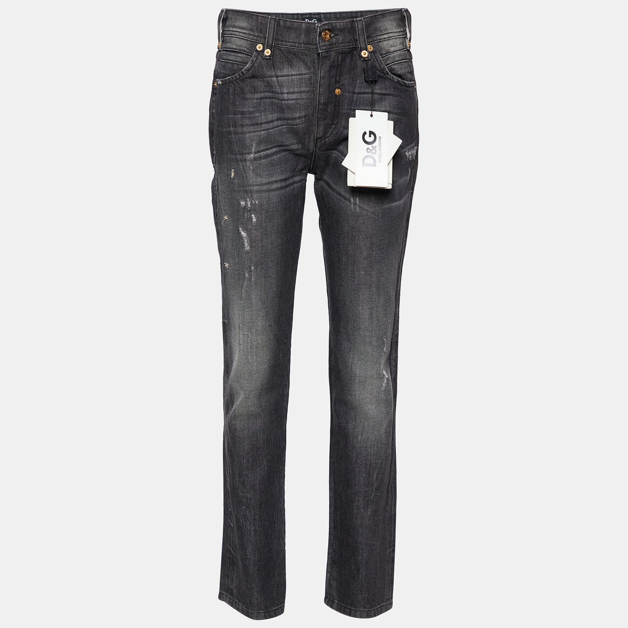 Pre-owned D & G Black Denim Distressed Jeans M
