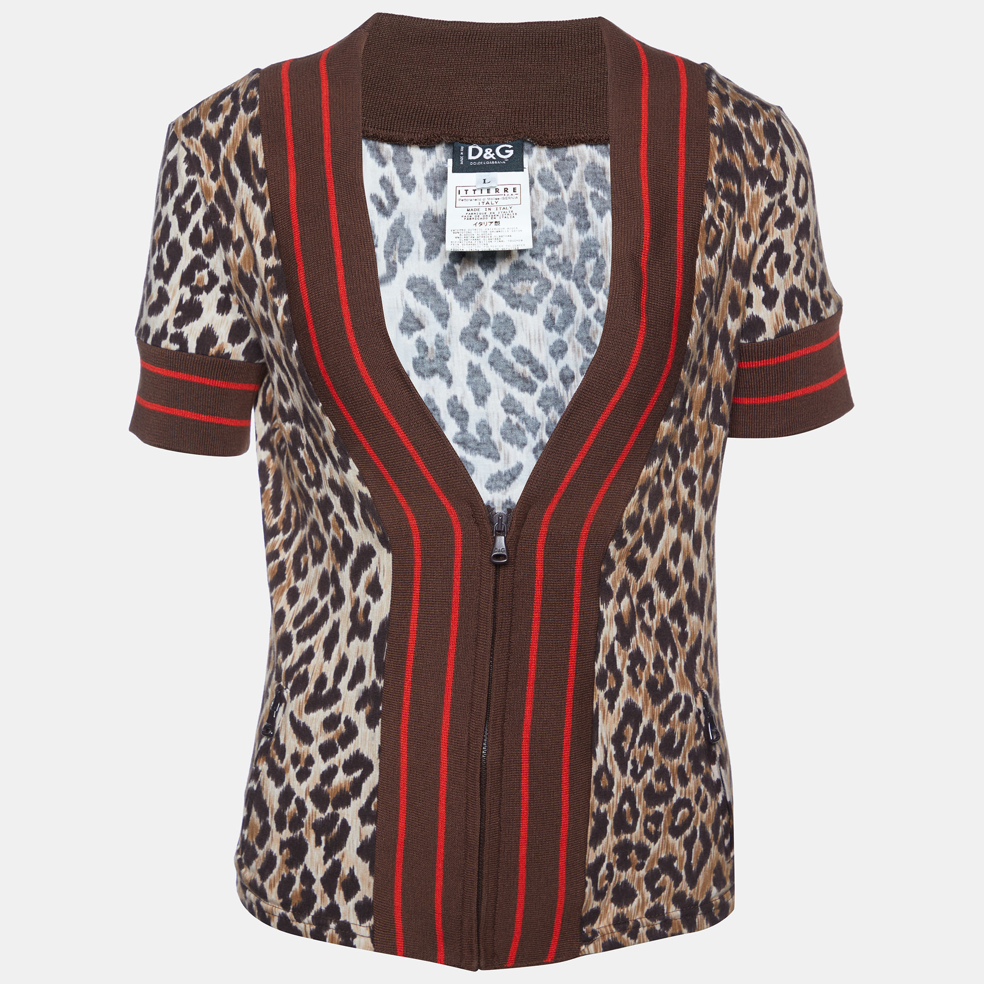 

D&G Brown leopard Printed Cotton Knit V-Neck Crop Jacket