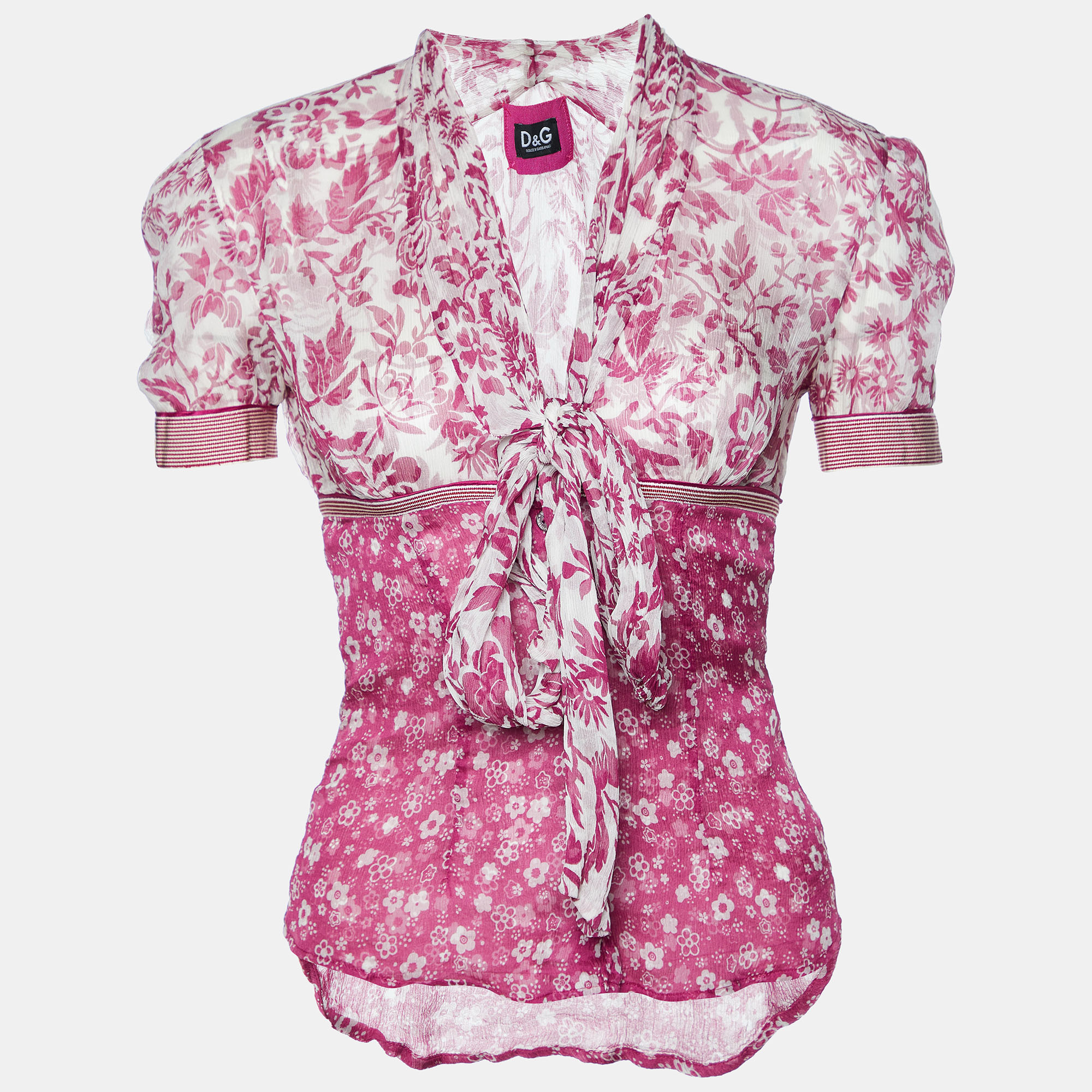 Pre-owned D & G Pink Floral Printed Silk Neck Tie Detail Top S