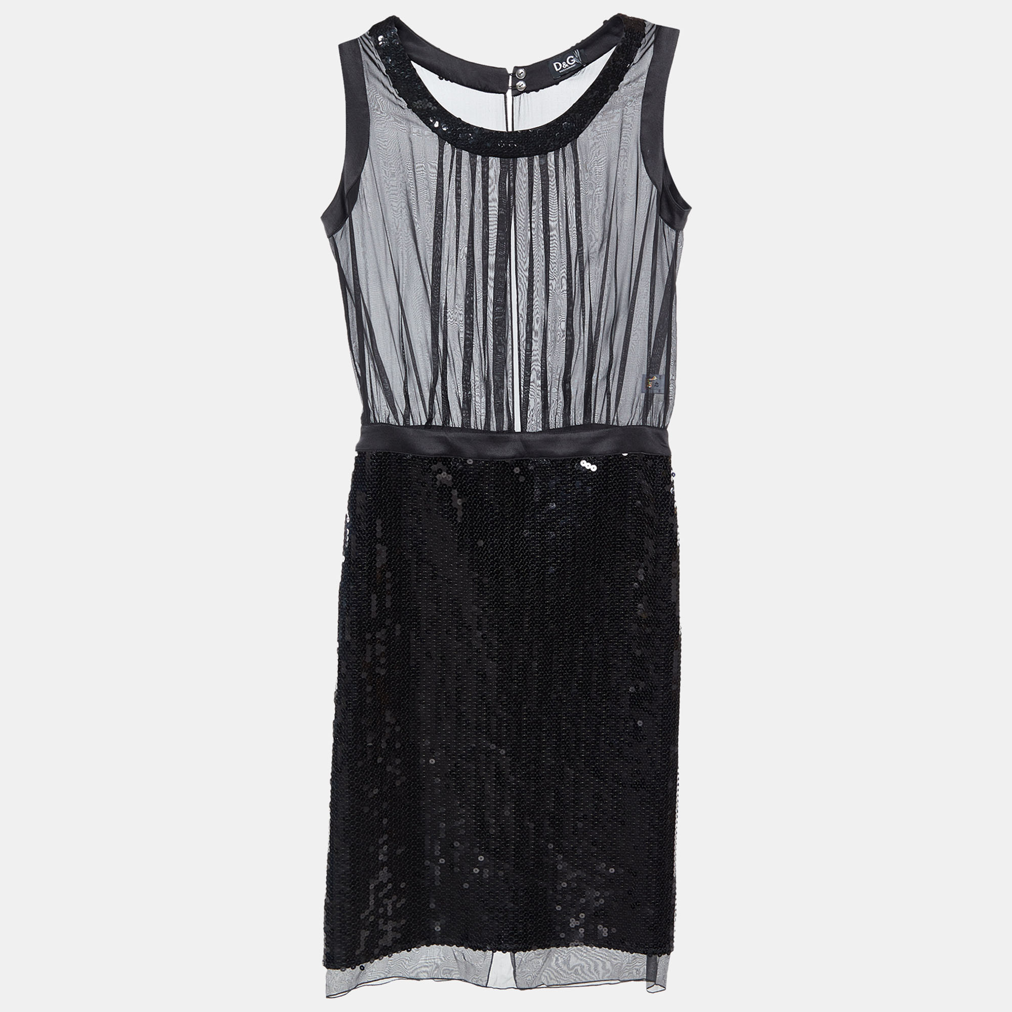 Pre-owned D & G Black Silk & Sequin Sheer Detail Midi Dress M