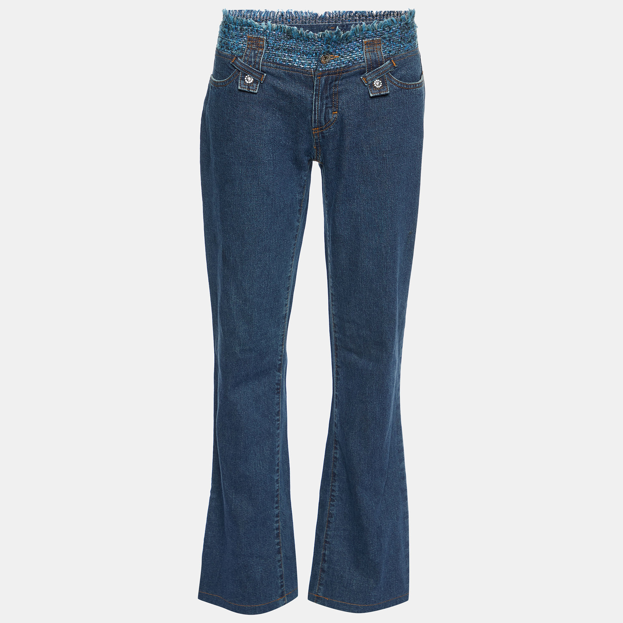 Pre-owned D & G Navy Blue Denim Tweed Waist Detail Flared Jeans M Waist 33"
