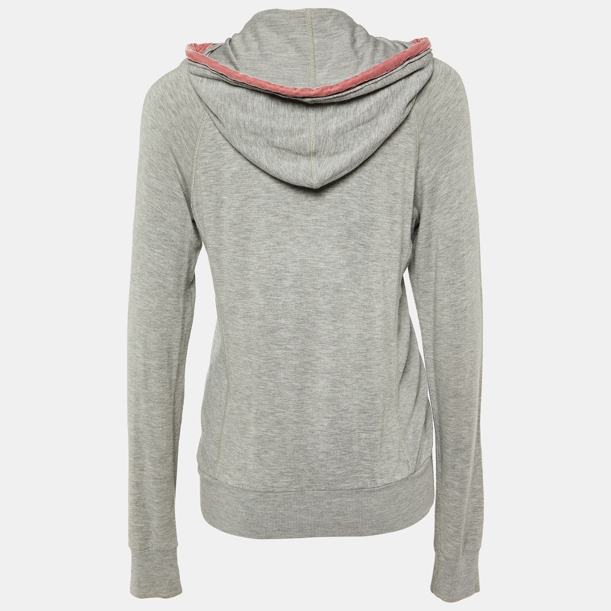 

D&G Grey Cotton Knit Contrast Velvet Detail Zip Front Hoodie