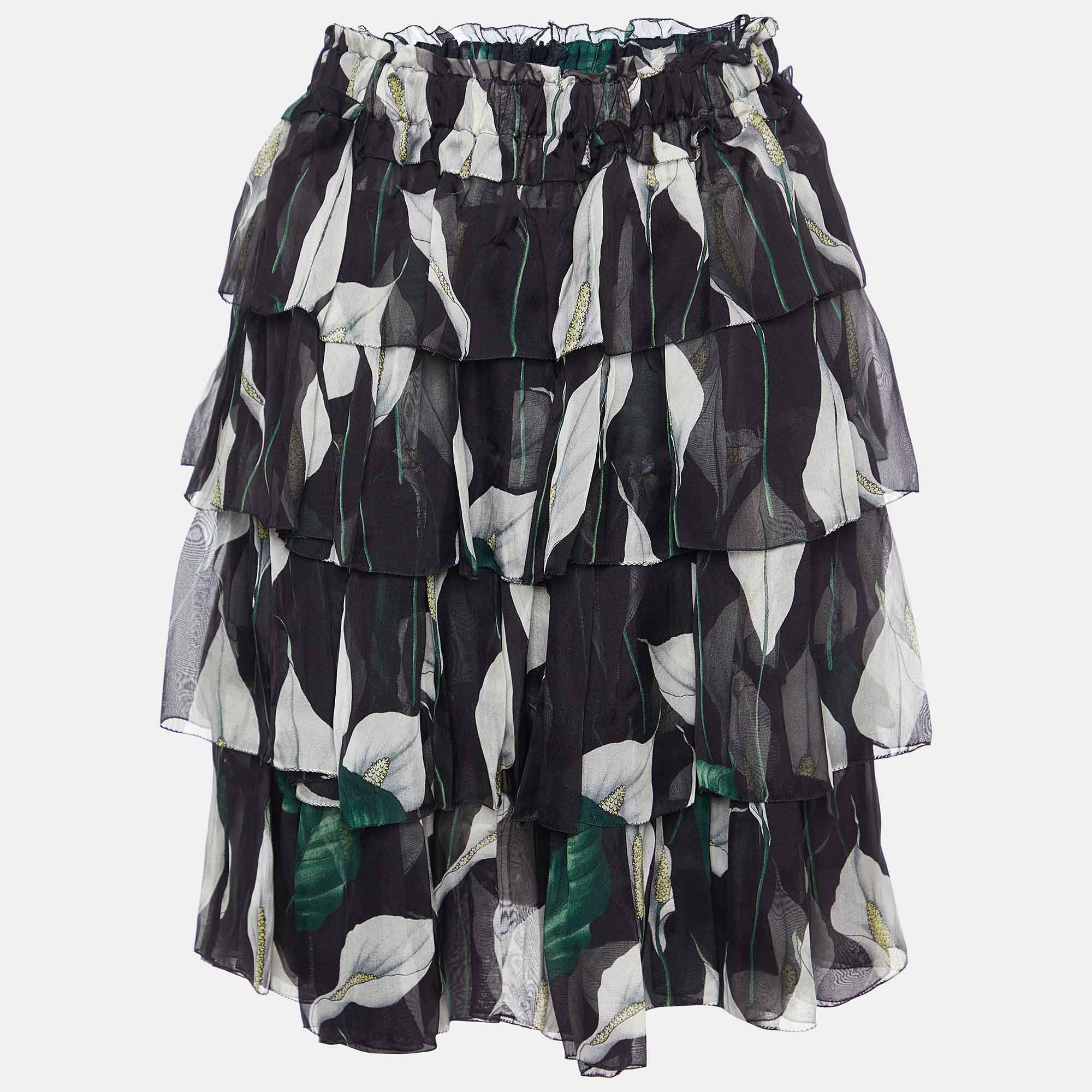 

D&G Black Calla Lilly Print Silk Chiffon Tiered Skirt
