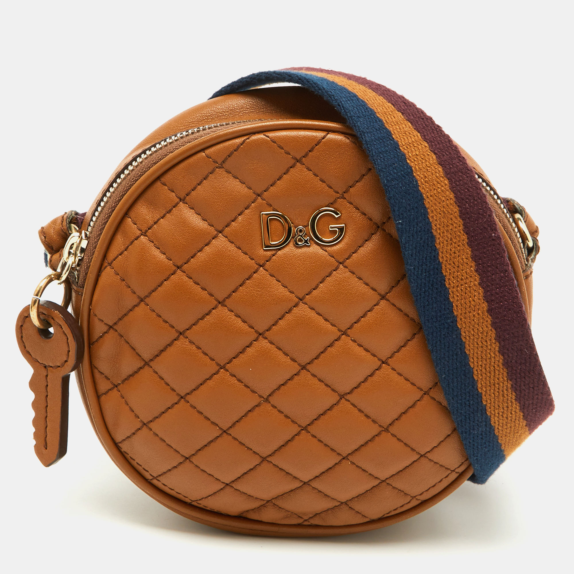 

D&G Brown Quilted Leather Round Glam Crossbody Bag