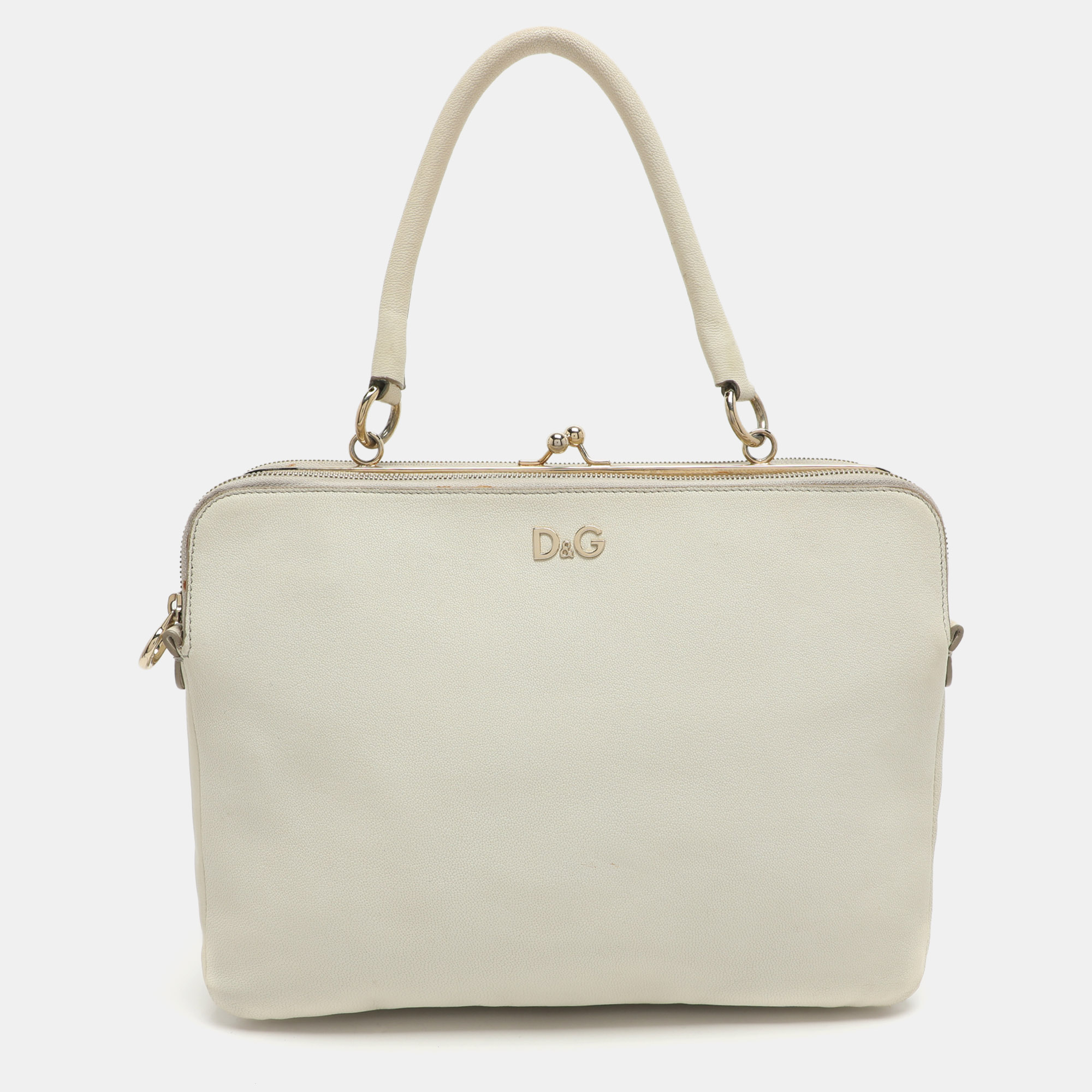 Pre-owned D & G Lily Twist Cream Leather Top Handle Bag In White