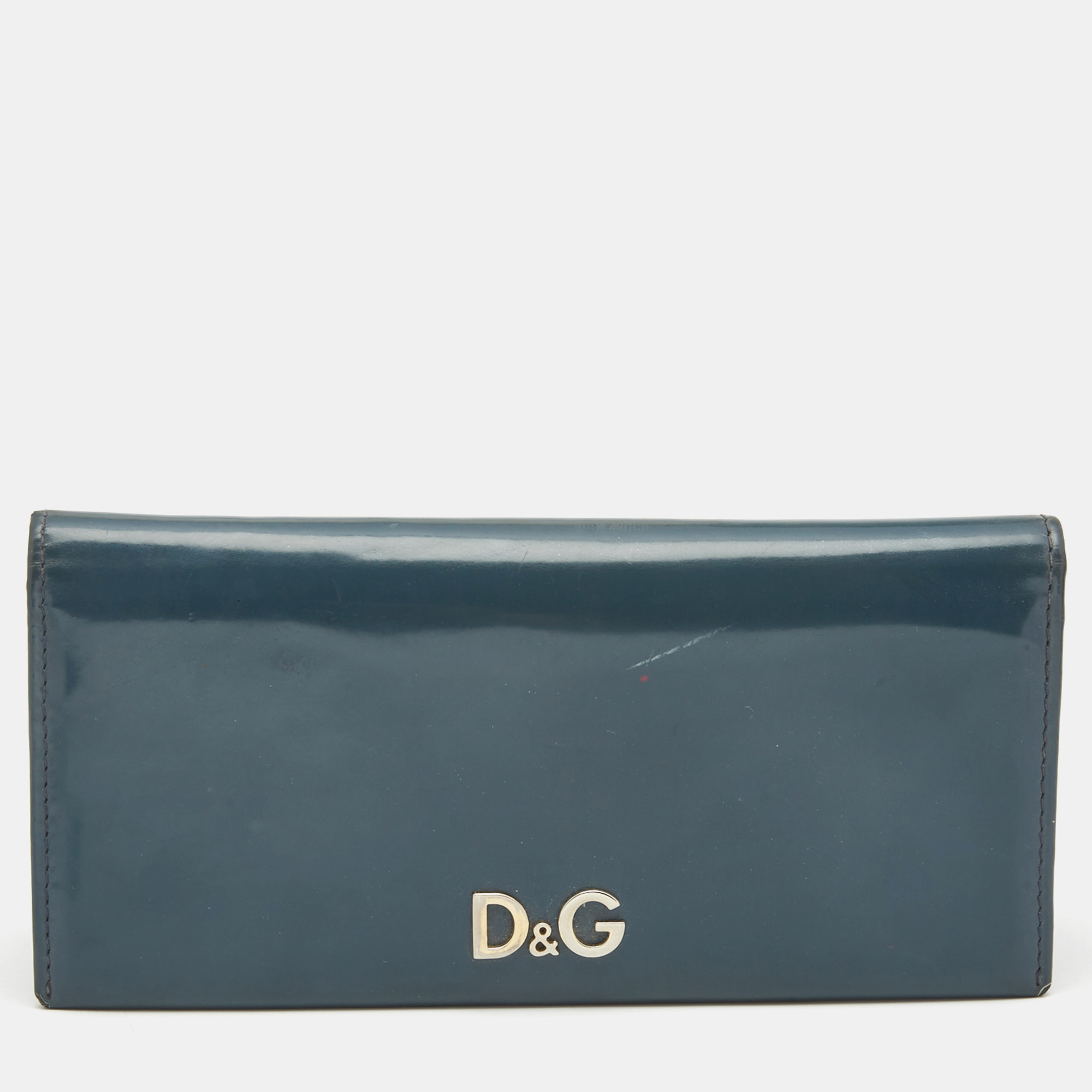 Pre-owned D & G Blue Patent Leather Logo Flap Continental Wallet