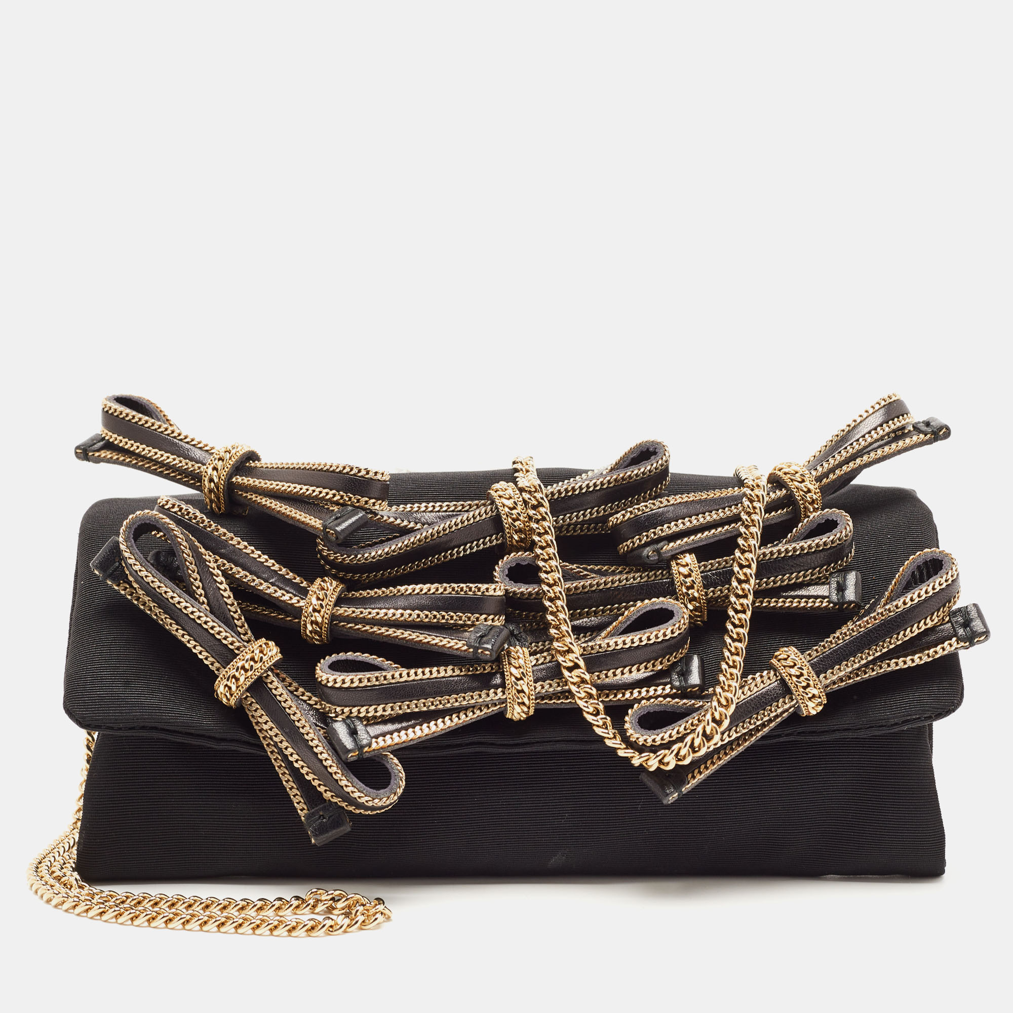 D&G Black Fabric Bow Embellished Flap Chain Clutch