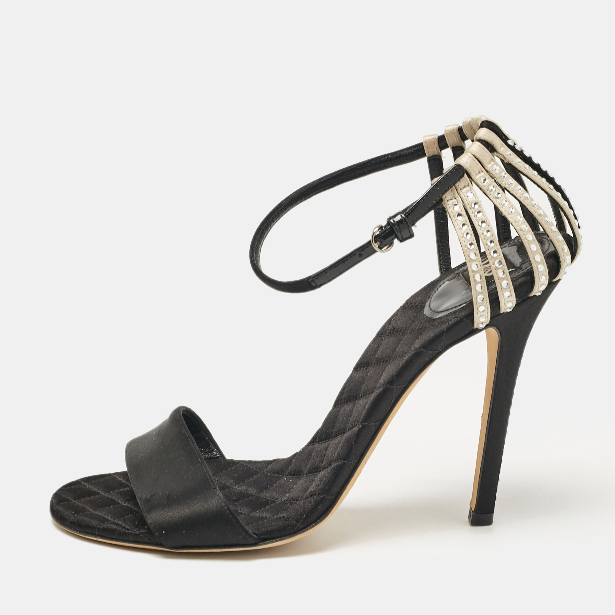 

D&G Black/Beige Satin Crystal Embellished Ankle Strap Sandals Size