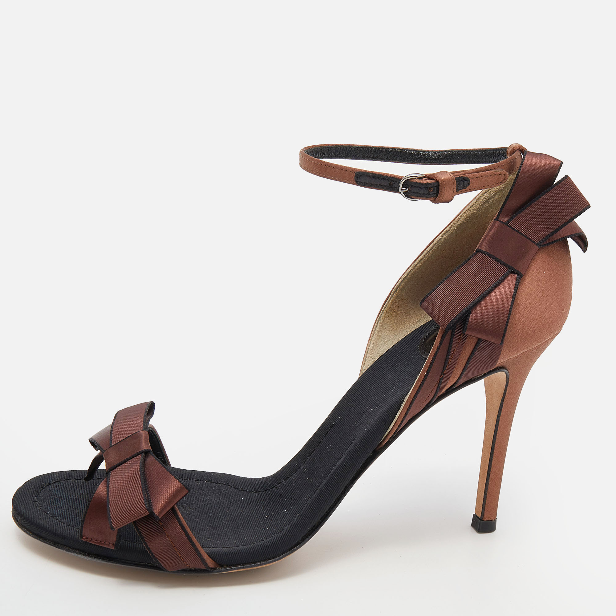 

D&G Brown/Black Satin Bow Embellished Ankle Strap Sandals Size