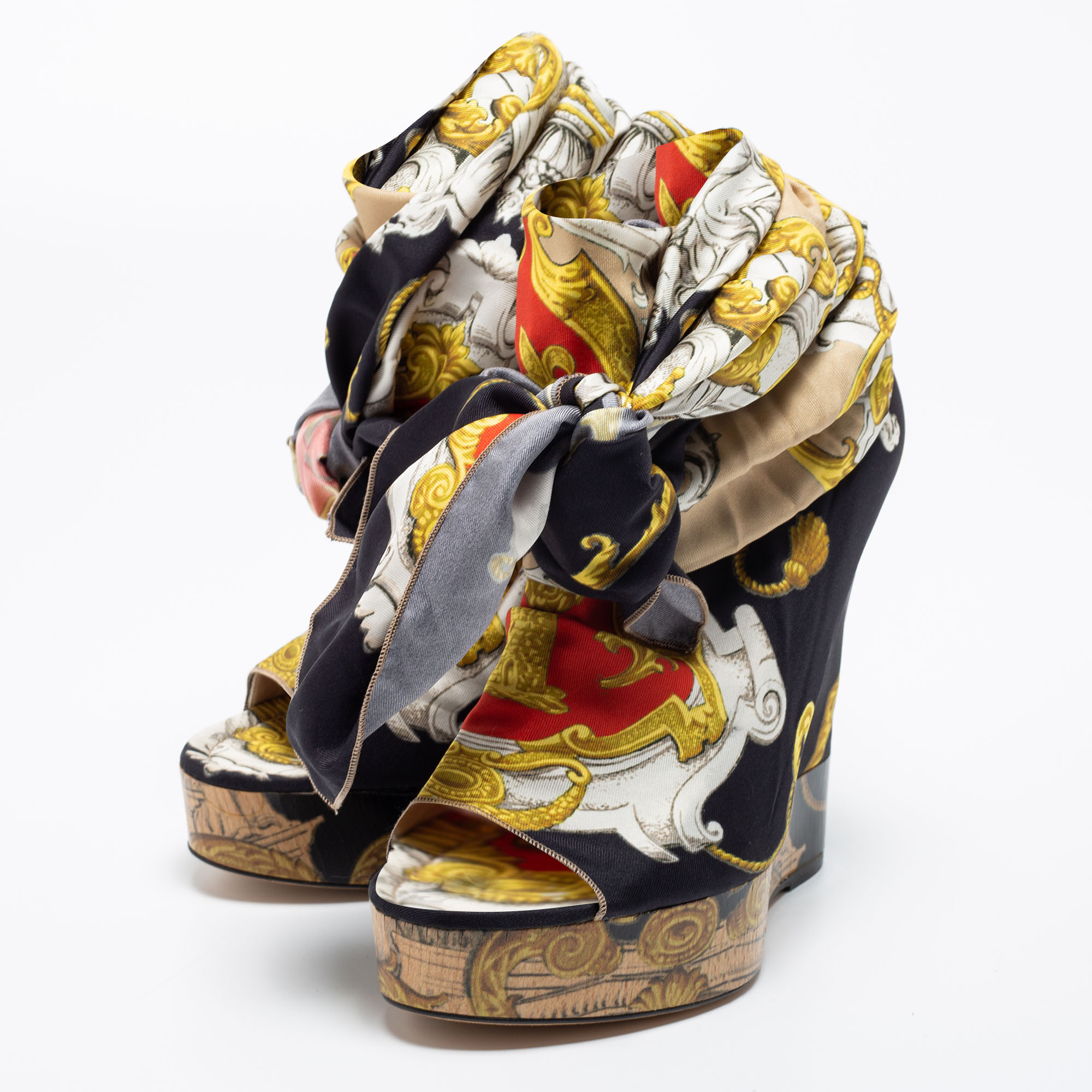 

D&G Multicolor Printed Silk Scarf Open Toe Ankle Wrap Wedge Pumps Size