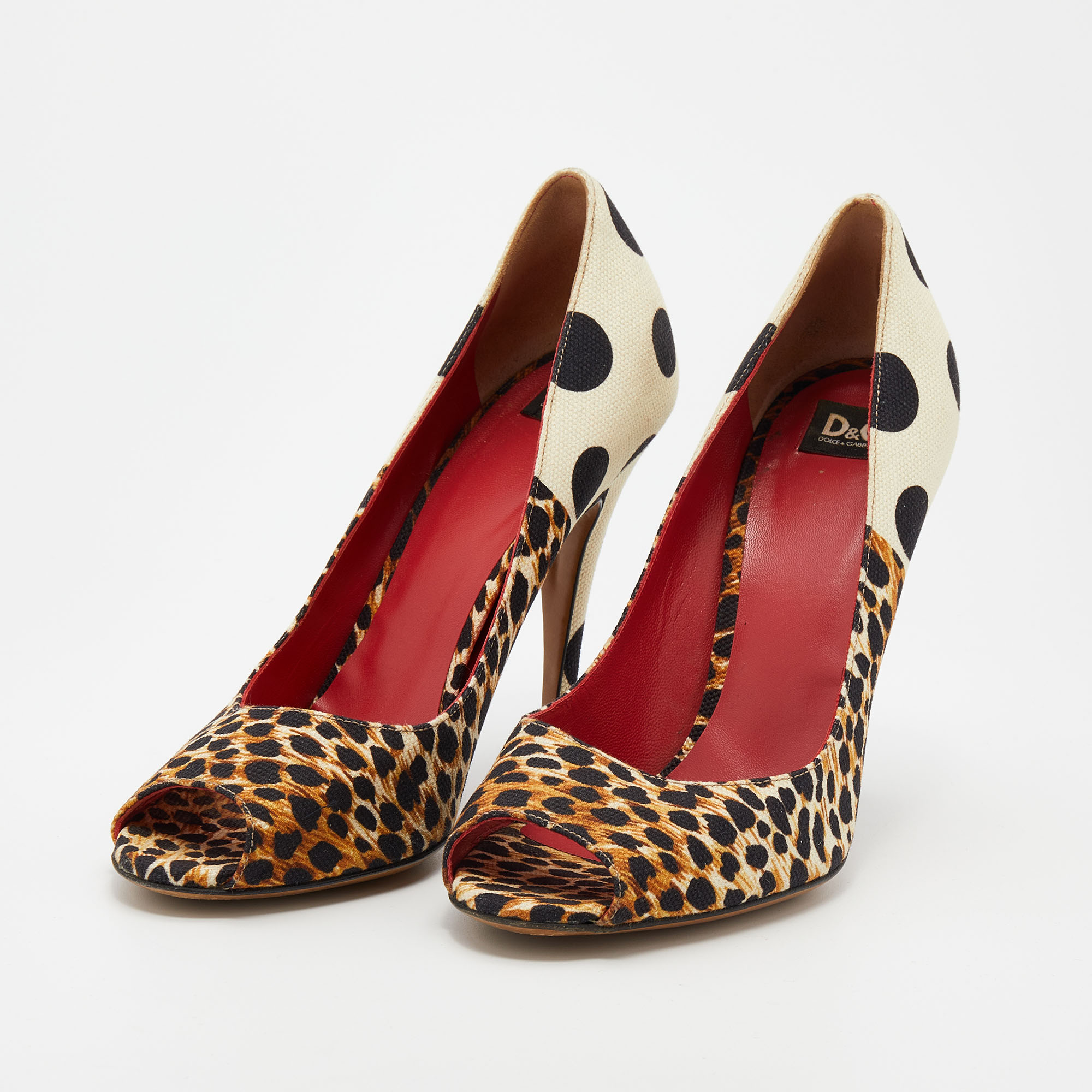 

D&G Multicolor Canvas Leopard And Polka Dot Printed Peep Toe Pumps Size