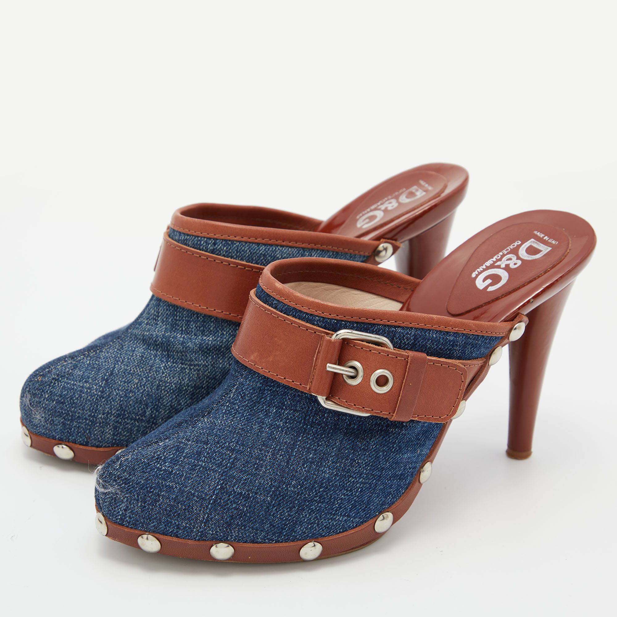 D&G Blue/Brown Denim and Leather Clogs Sandals Size