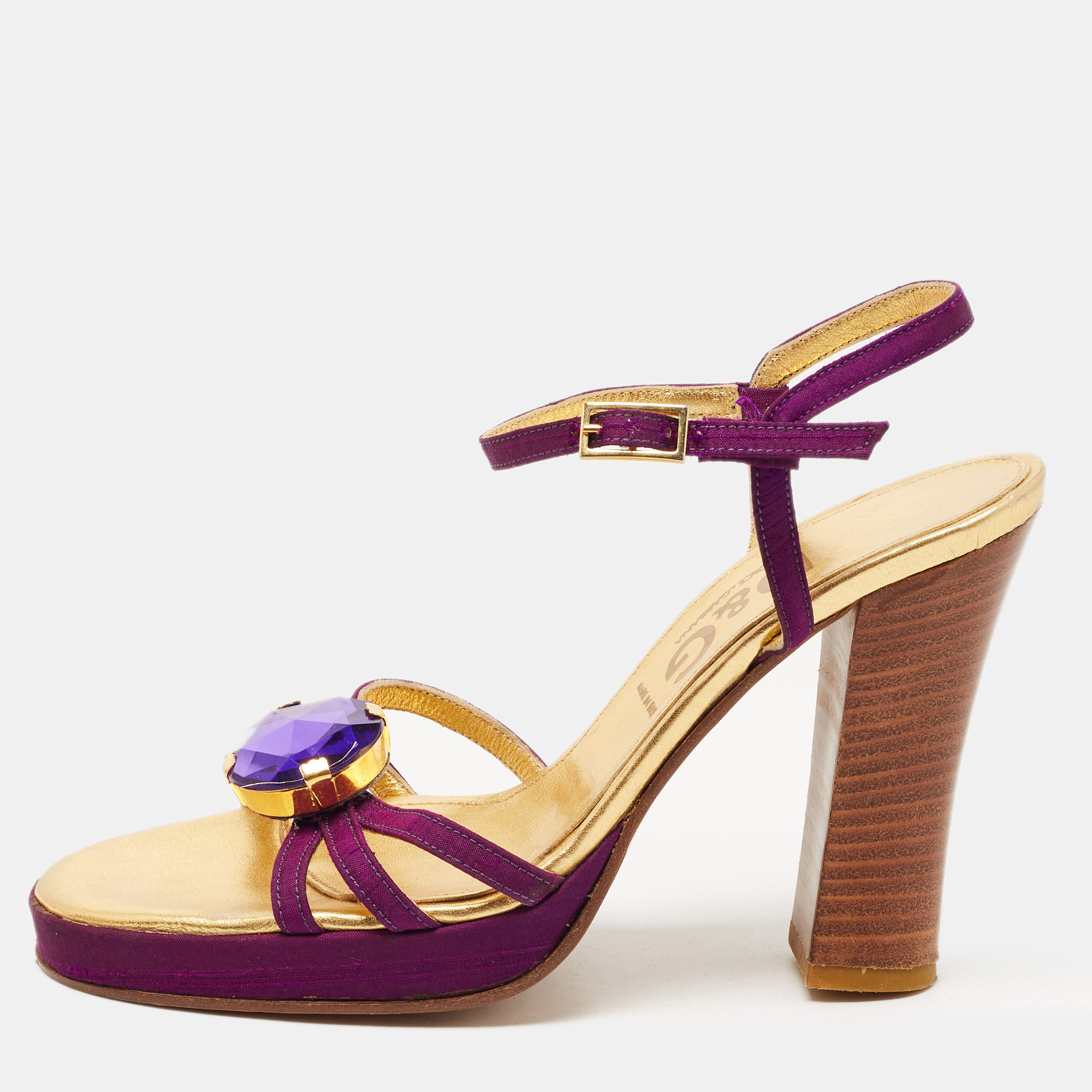 Pre-owned D & G Purple /gold Leather Crystal Embellished Ankle Strap Block Heel Sandals Size 36