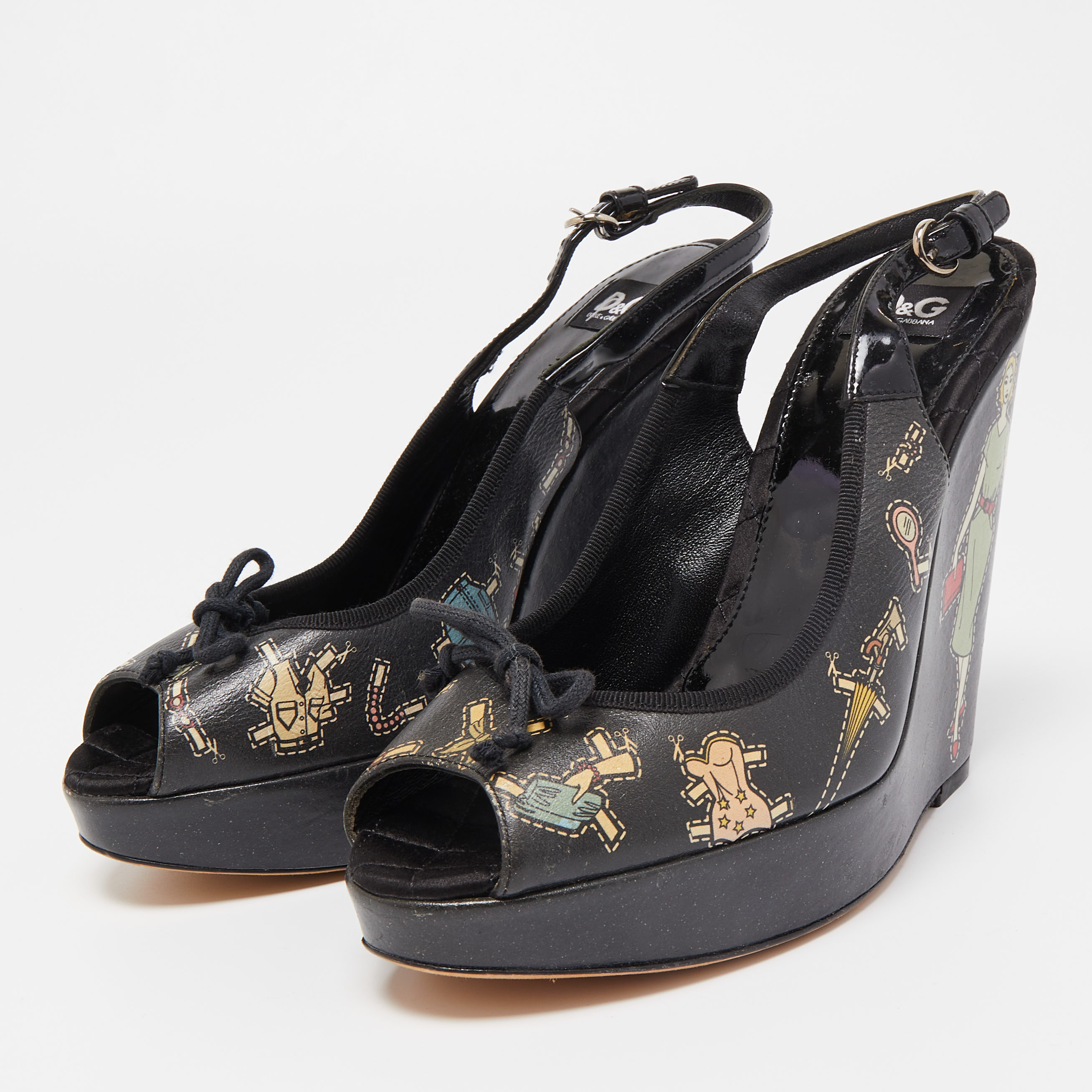 

D&G Black Leather Printed Slingback Wedge Sandals Size