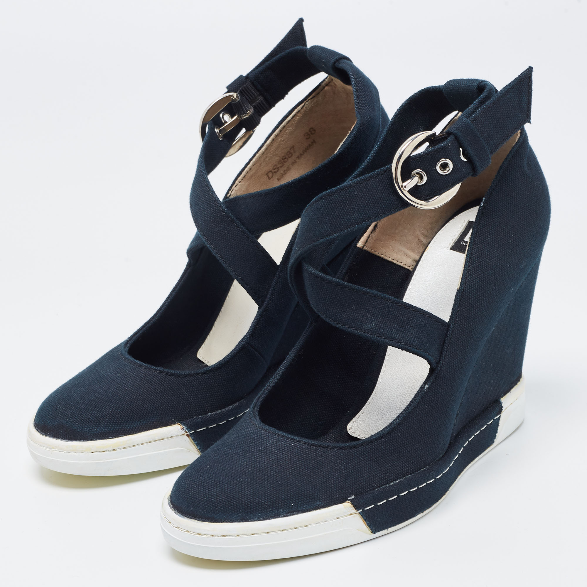 

D&G Navy Blue Canvas Mary Jane Wedge Pumps Size