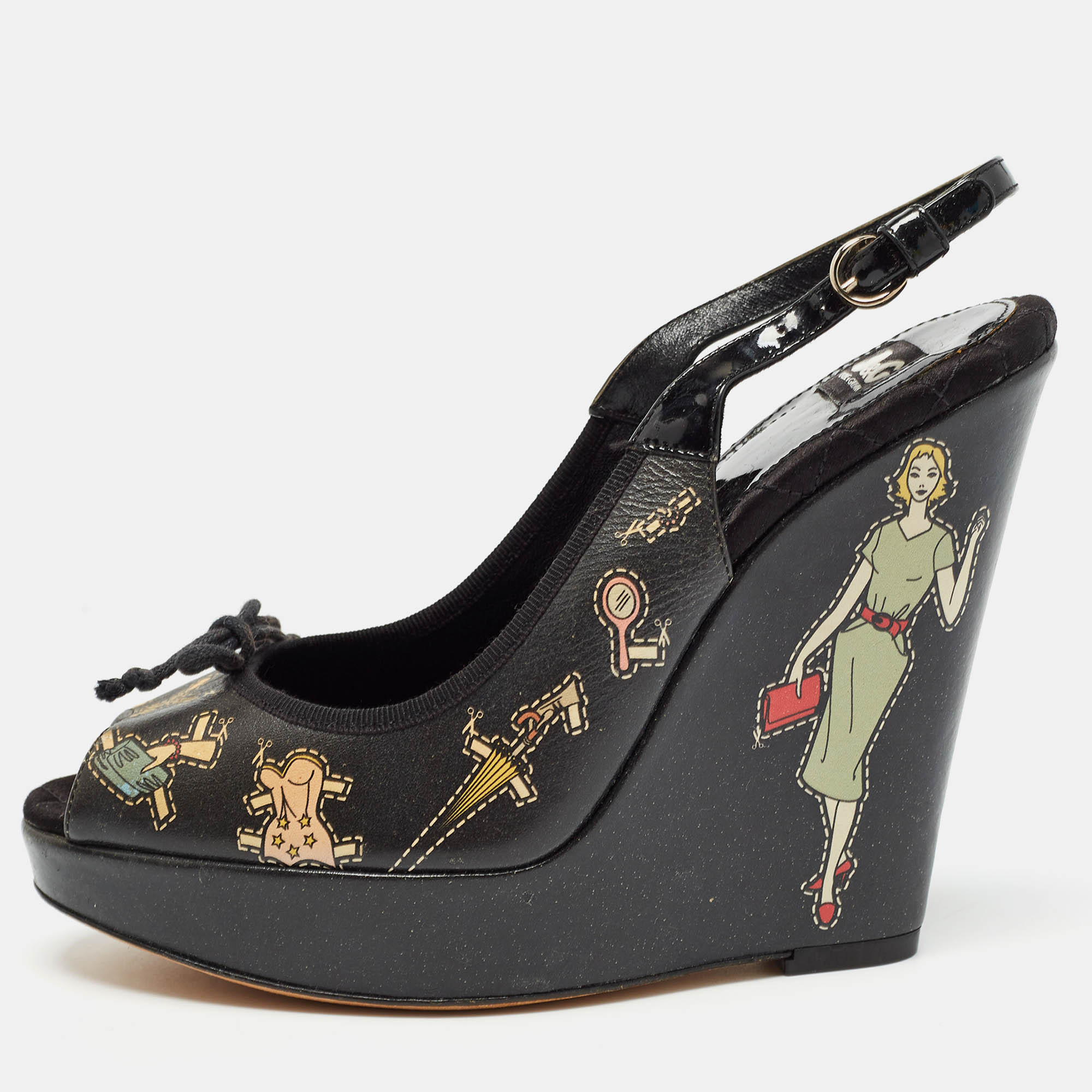

Dolce & Gabbana Black Leather Peep Toe Wedge Slingback Sandals Size