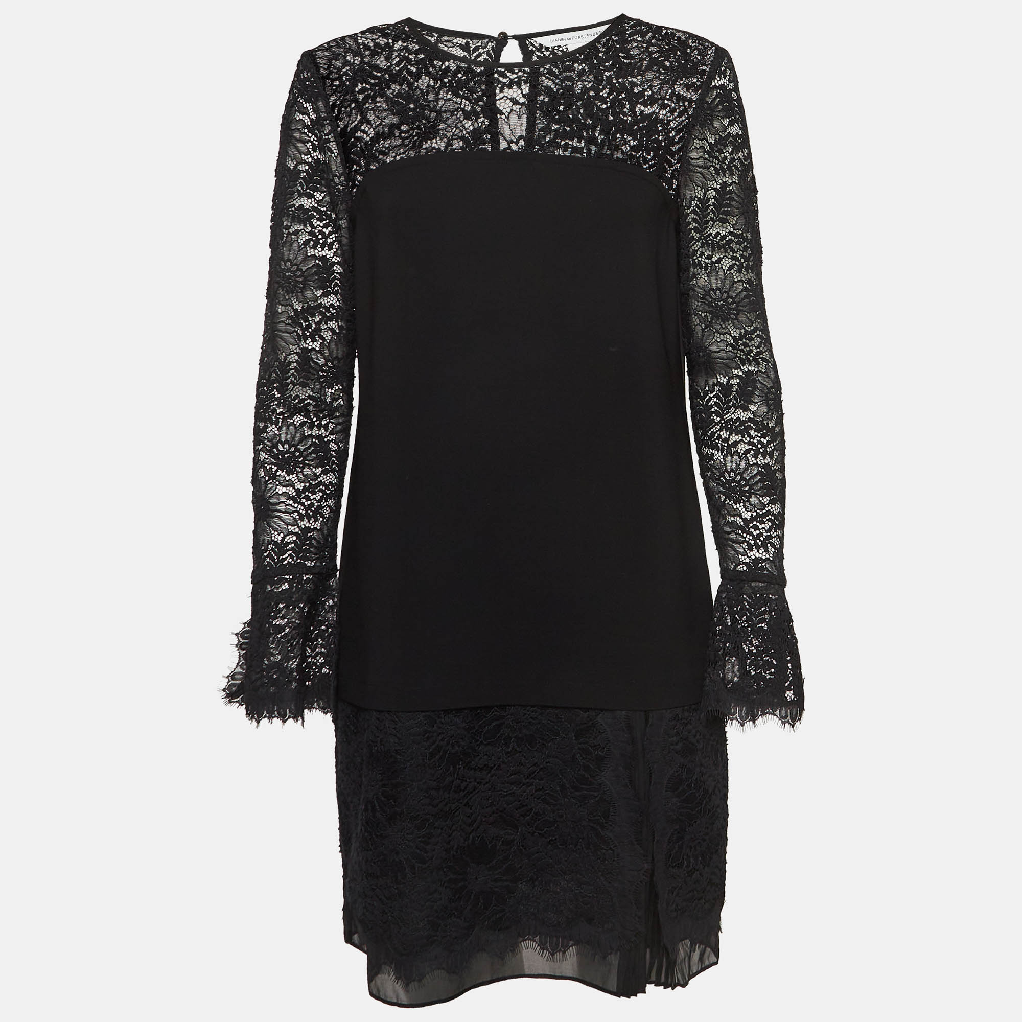 

Diane Von Furstenberg Black Lace Trim Chiffon Lavana Dress M