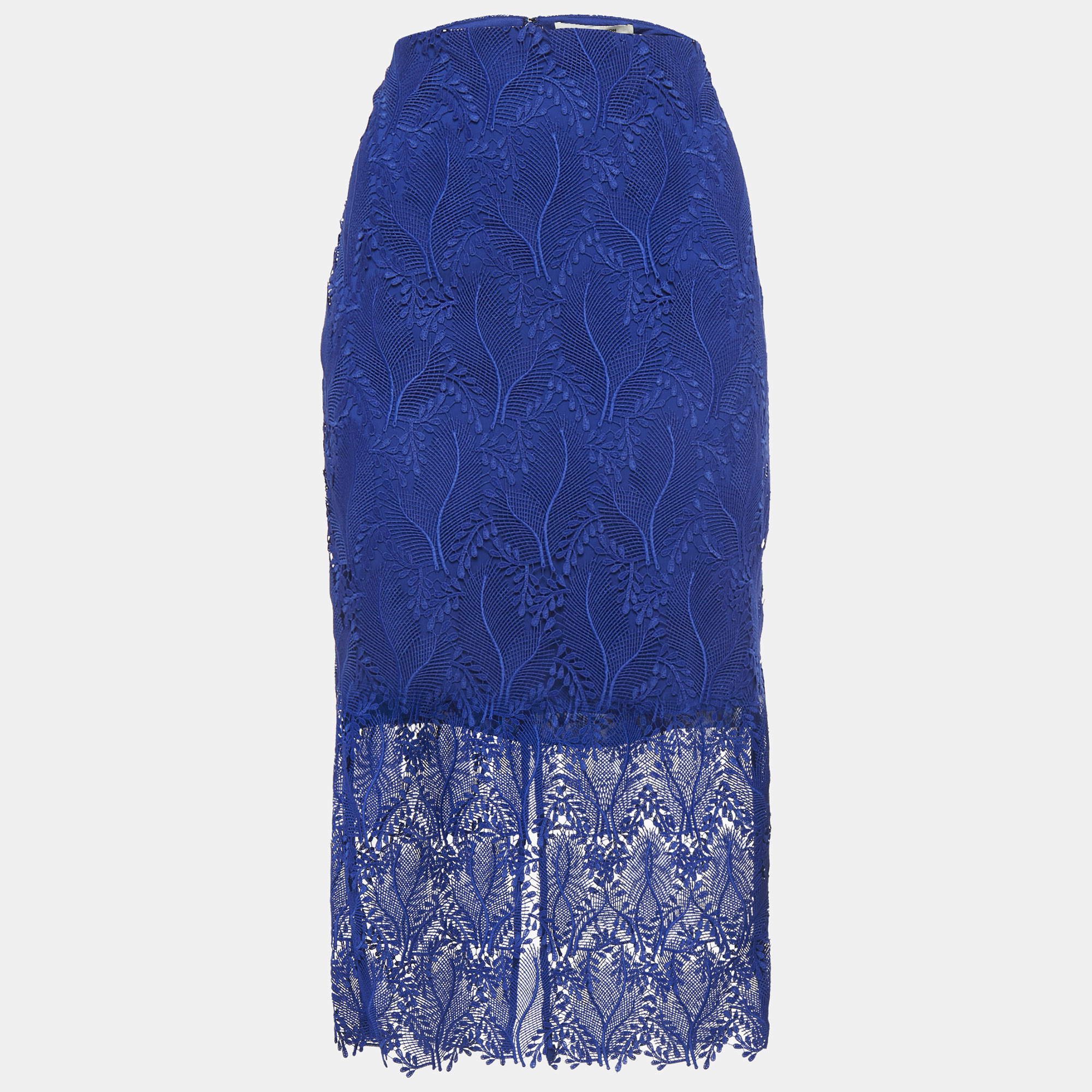 Pre-owned Diane Von Furstenberg Klein Blue Lace Overlay Tailored Pencil Skirt M