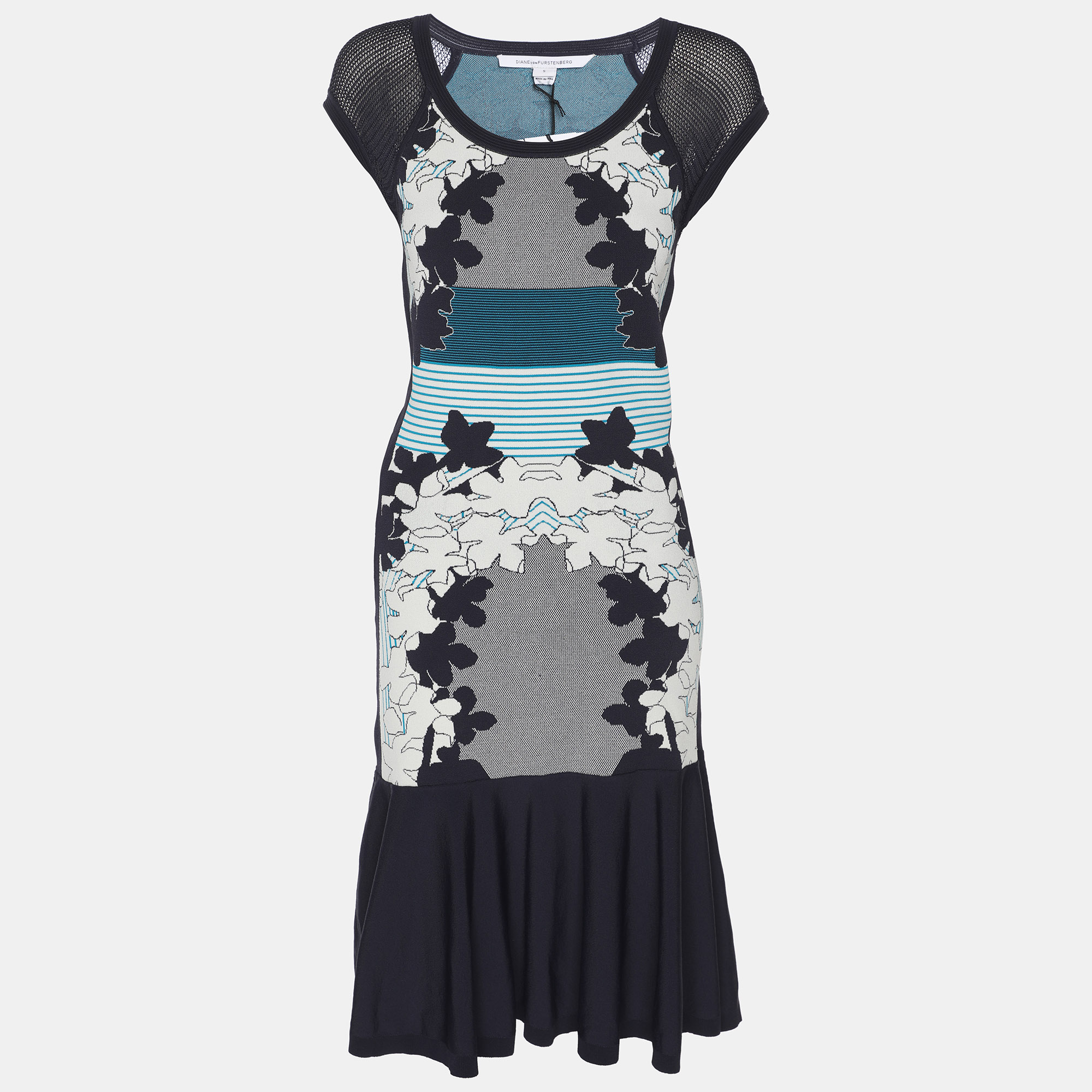 Pre-owned Diane Von Furstenberg Navy Blue/white Knit Jalen Dress S