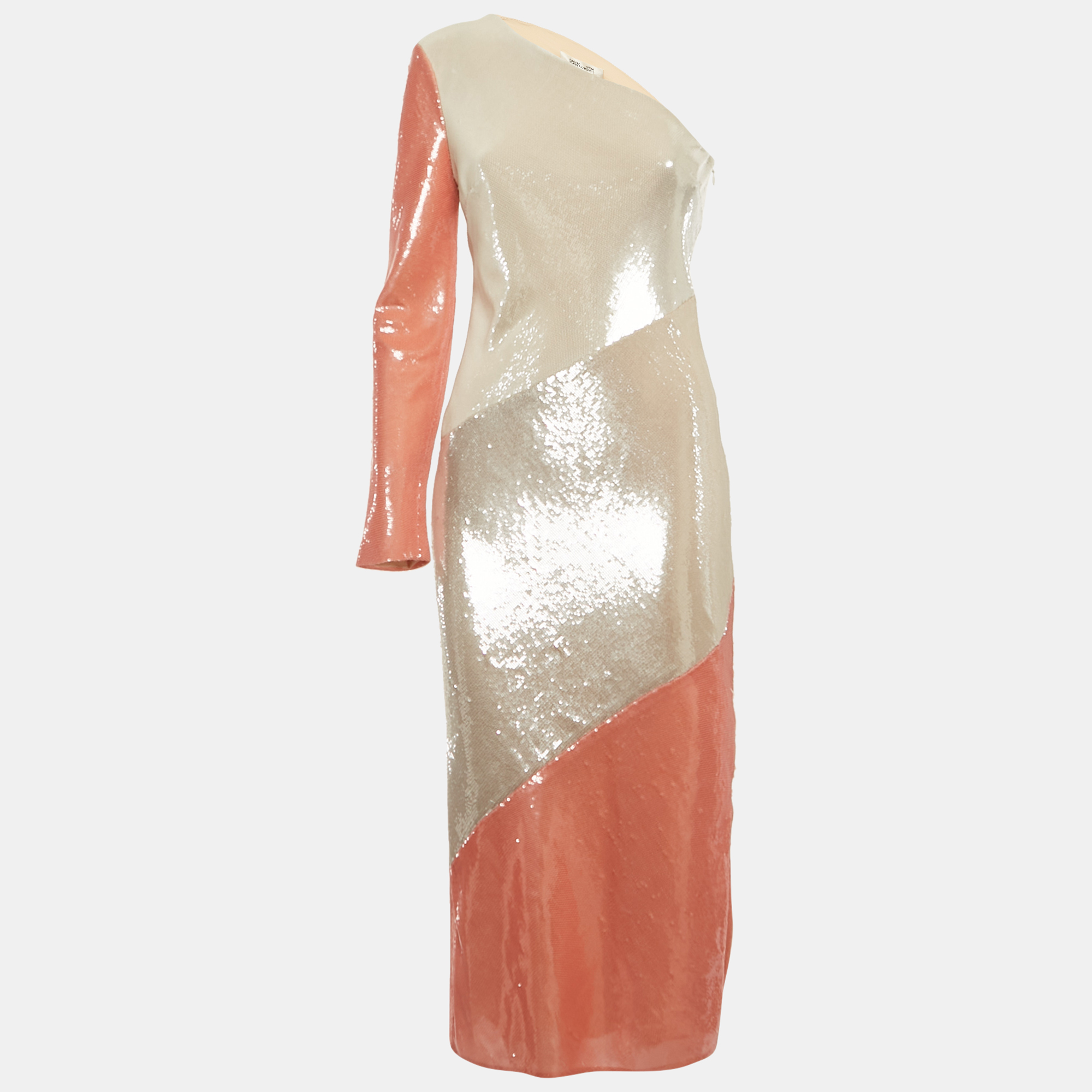 

Diane Von Furstenberg Champagne/Pink Paneled One Shoulder Dress S