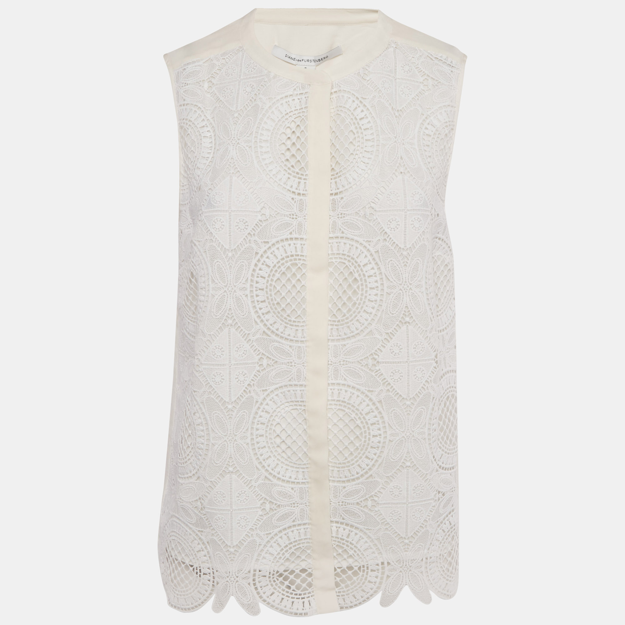 Click to view more detailed imagery on our partner's website Pre-owned Diane Von Furstenberg Ivory Lace & Silk Lakyn Sleeveless Top M In White