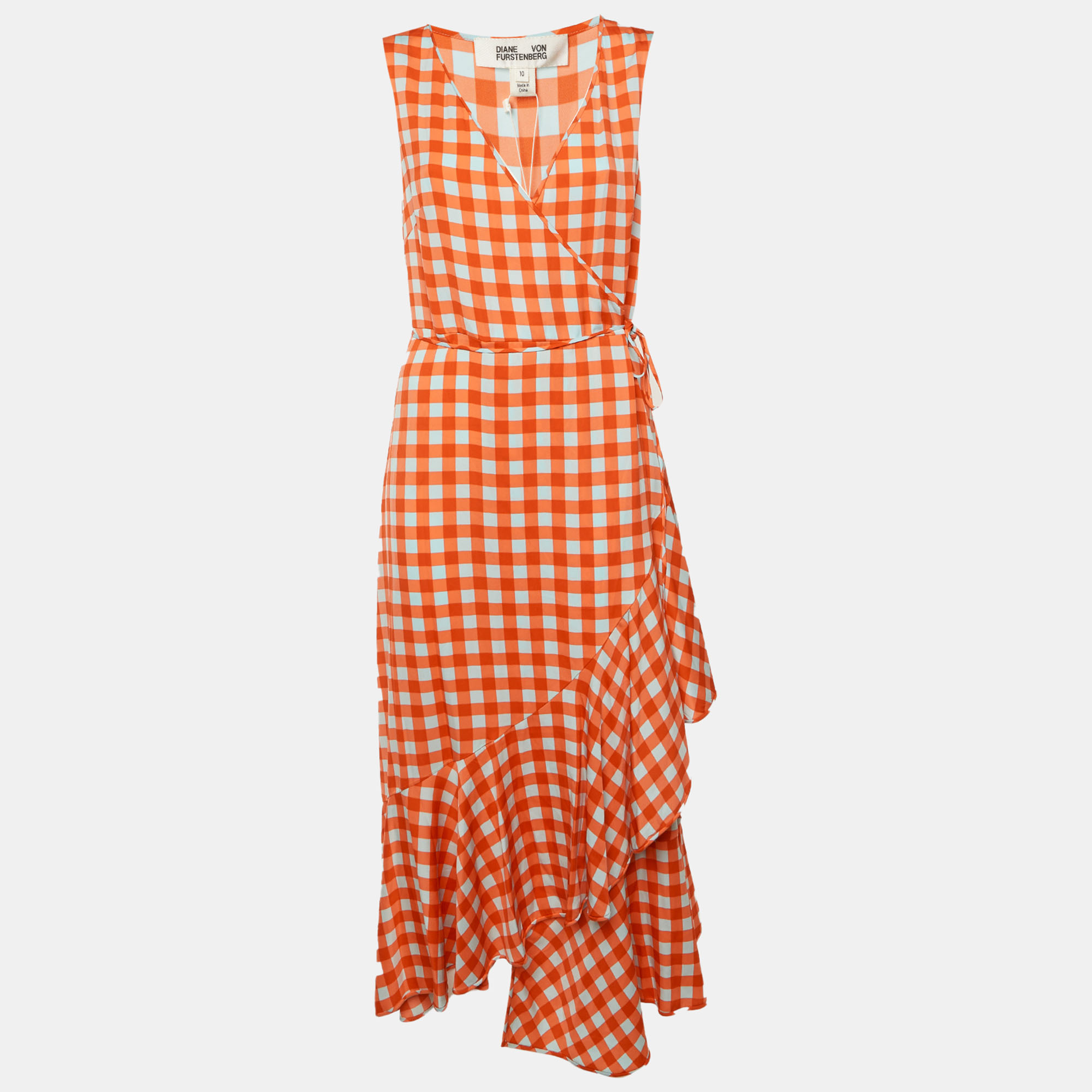 

Diane Von Furstenberg Orange Checkered Print Silk Asymmetric Ruffle Detail Dress L