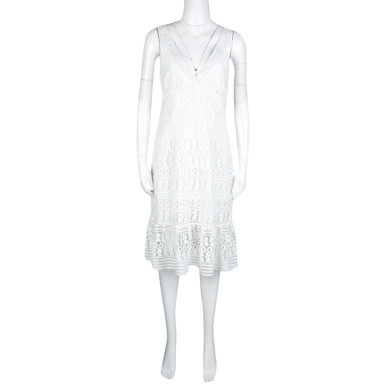 

Diane Von Furstenberg White Guipure Lace Sleeveless Tiana Flounce Dress