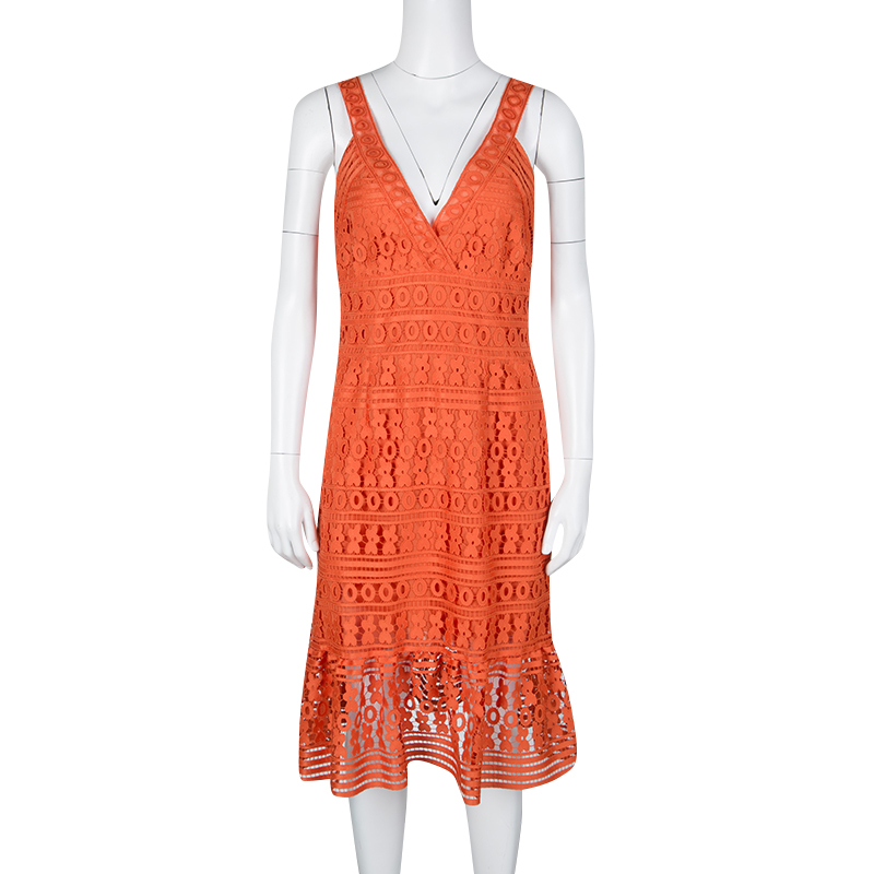 

Diane Von Furstenberg Orange Guipure Lace Sleeveless Tiana Flounce Dress