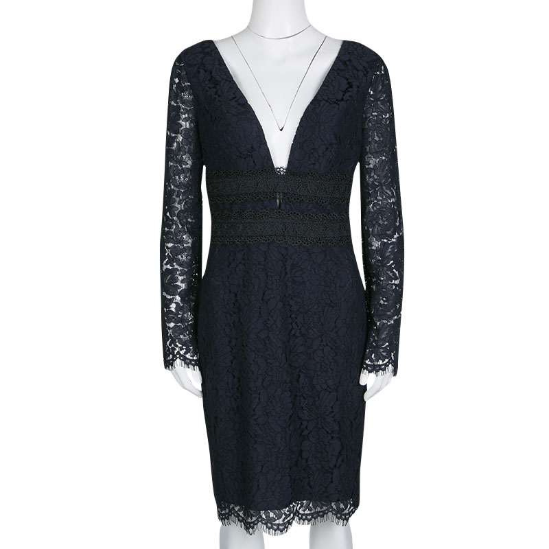 

Diane Von Furstenberg Deep Night Blue Lace Plunge Neck Long Sleeve Viera Dress, Navy blue