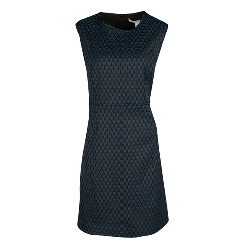 Pre Owned Diane Von Furstenberg Black and Blue Geometric Pattern Jacquard Sleeveless Madyson Dress L