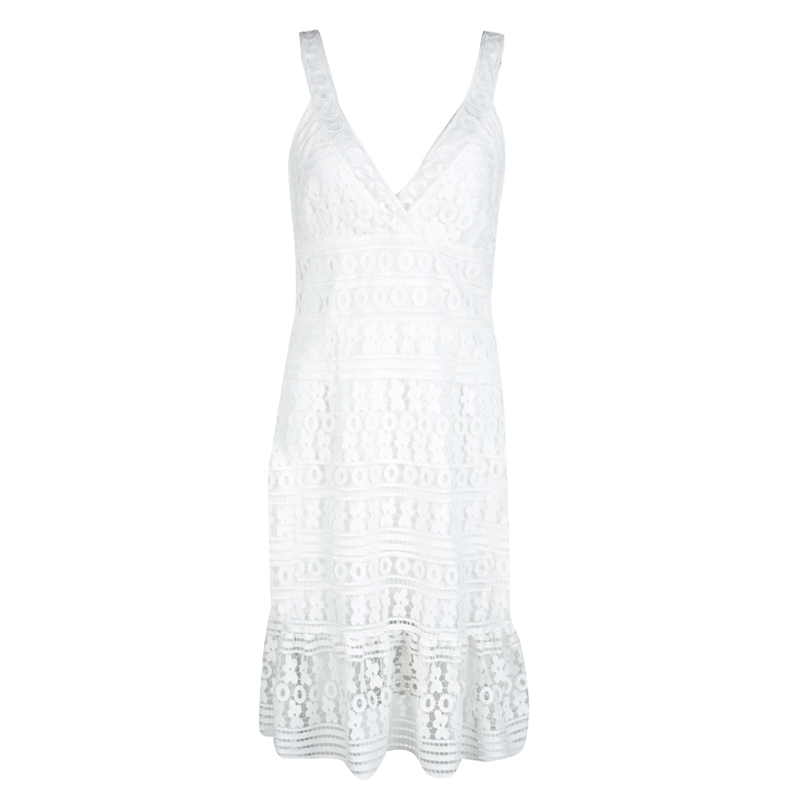 Pre Owned Diane Von Furstenberg White Guipure Lace Sleeveless Tiana Flounce Dress L