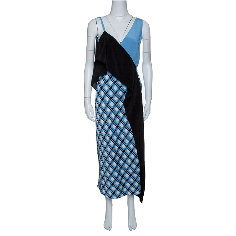 Pre Owned Diane Von Furstenberg Multicolor Rivoli Checked Asymmetric Ruffle Front Dress M