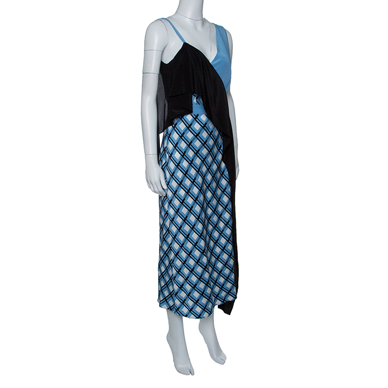 

Diane Von Furstenberg Multicolor Rivoli Checked Asymmetric Ruffle Front Dress, Blue