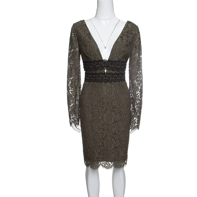 Pre Owned Diane Von Furstenberg Olive Green Lace Plunge Neck Long Sleeve Viera Dress M