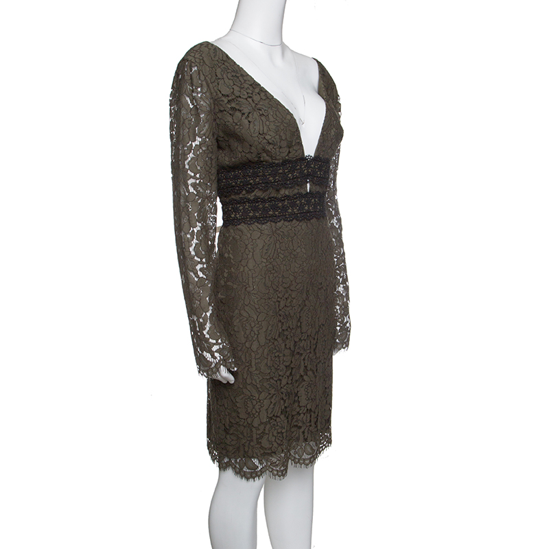 

Diane Von Furstenberg Olive Green Lace Plunge Neck Long Sleeve Viera Dress