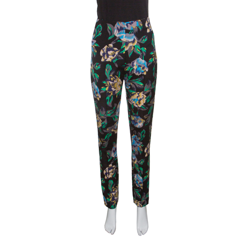 Pre Owned Diane Von Furstenberg Black Floral Printed Benton High Waist Skinny Pants S