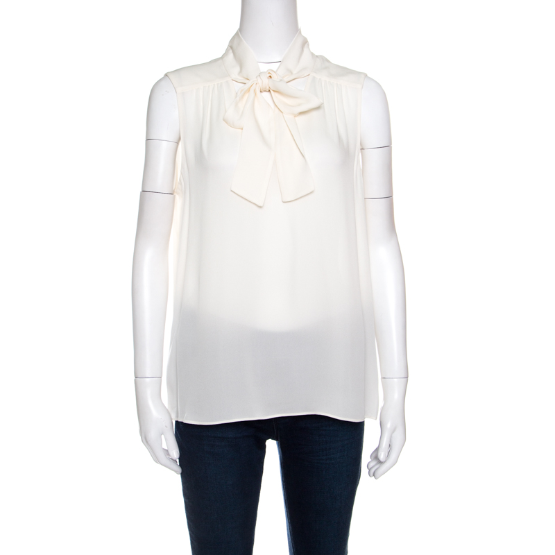 Pre Owned Diane Von Furstenberg Cream Silk Neck Tie Sleeveless Britni Blouse L