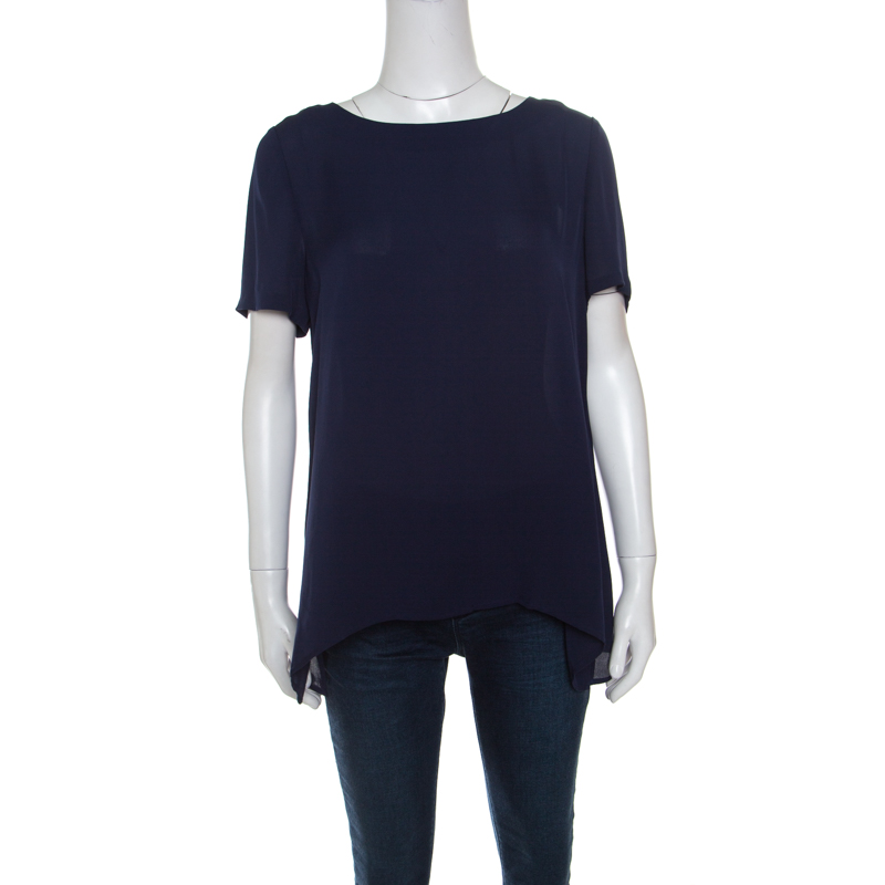 Pre Owned Diane Von Furstenberg Navy Blue Silk Short Sleeve Maggy Top M
