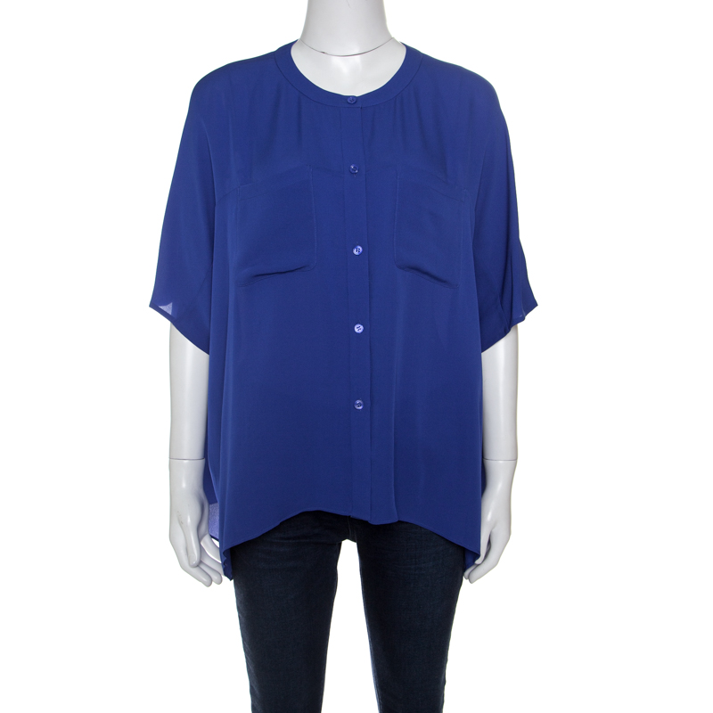 Pre Owned Diane Von Furstenberg Riviera Blue Oversized Silk Karrly Blouse XS