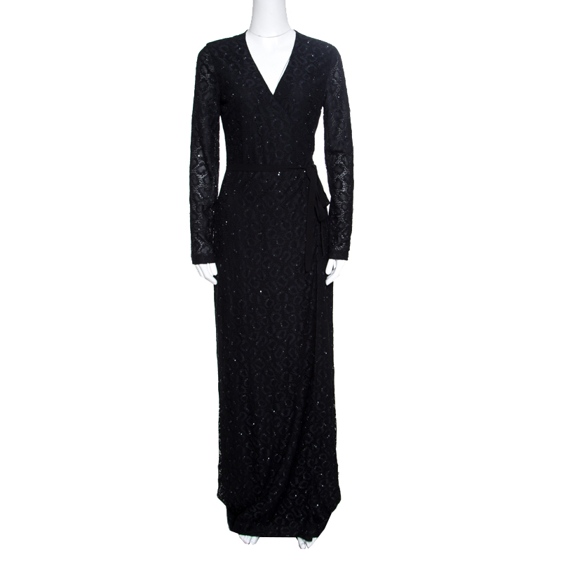 Pre Owned Diane Von Furstenberg Black Embellished Lace Elle Wrap Maxi Dress S 