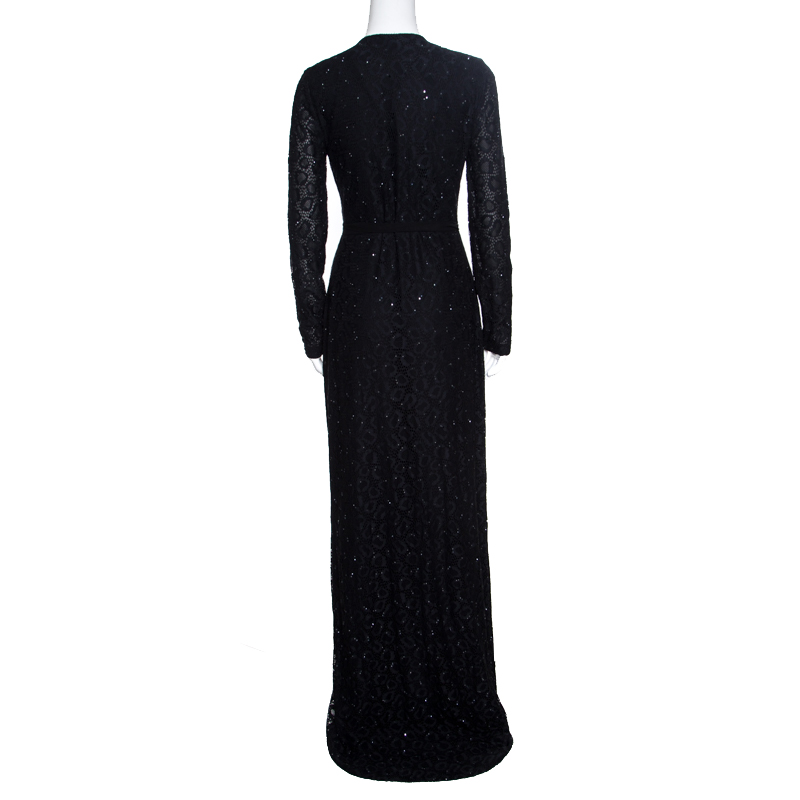 Diane Von Furstenberg Black Embellished Lace Elle Wrap Maxi Dress S Diane  Von Furstenberg