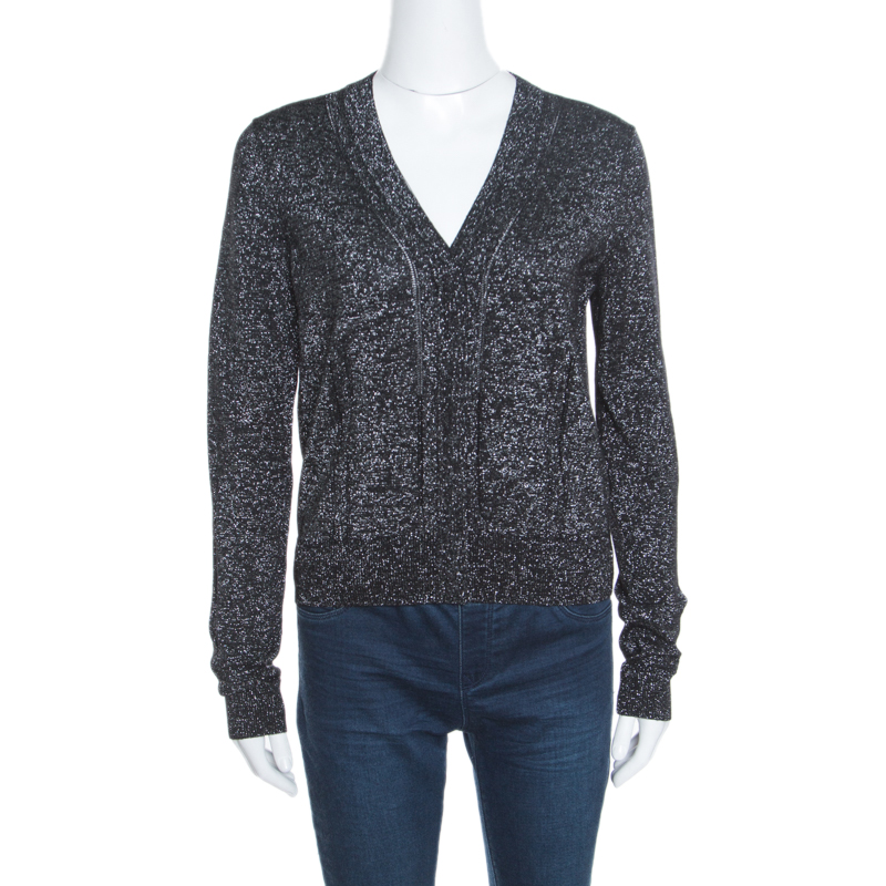 Pre Owned Diane Von Furstenberg Metallic Black Adelyn Cardigan M