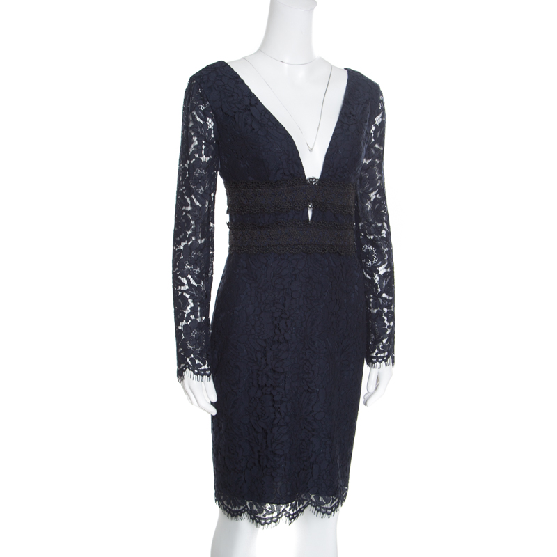 

Diane Von Furstenberg Navy Blue Lace Plunge Neck Long Sleeve Viera Dress