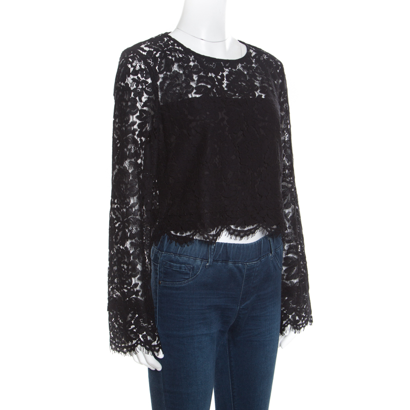 

Diane von Furstenberg Black Scalloped Lace Yeva Crop Top