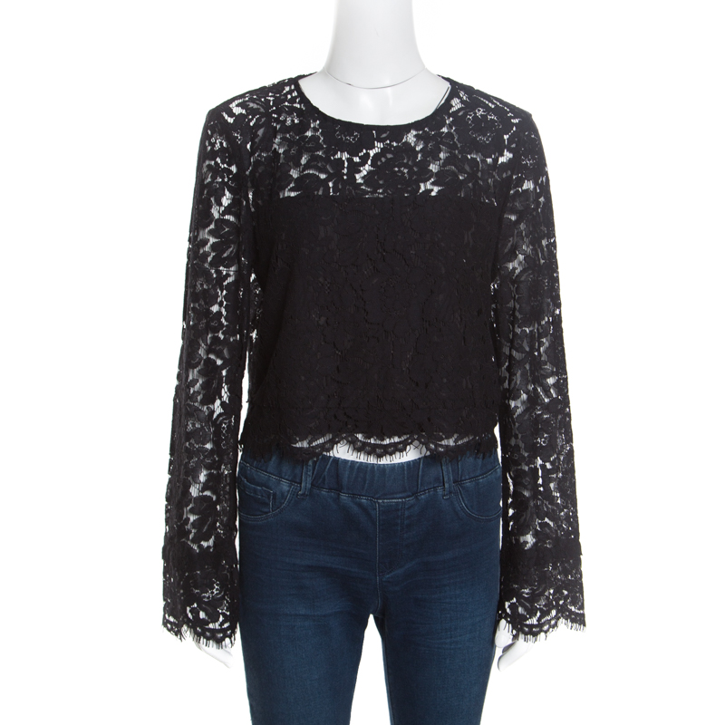 Pre Owned Diane von Furstenberg Black Scalloped Lace Yeva Crop Top L