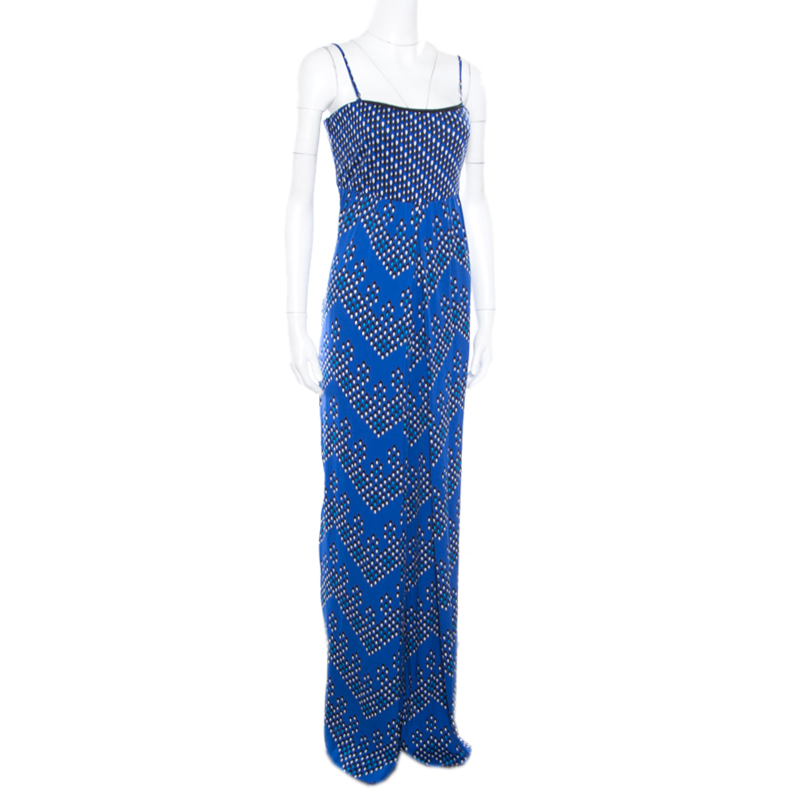 

Diane Von Furstenberg Blue Chevron Dots Printed Silk Sleeveless Ivena Jumpsuit